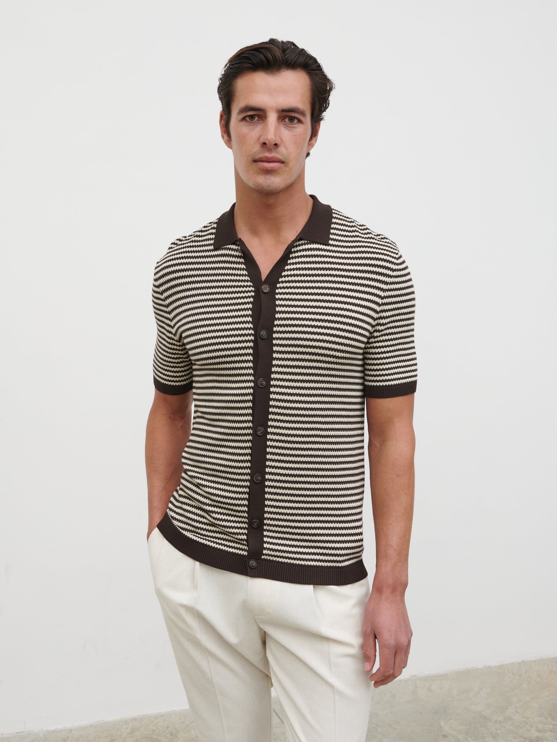 Aidan Knit Shirt - Chocolate Brown and Cream