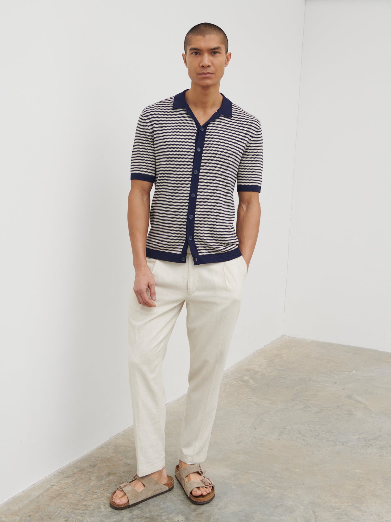 Aidan Short Sleeve Knit Shirt - Navy and Cream