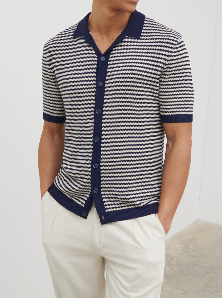 Aidan Short Sleeve Knit Shirt - Navy and Cream