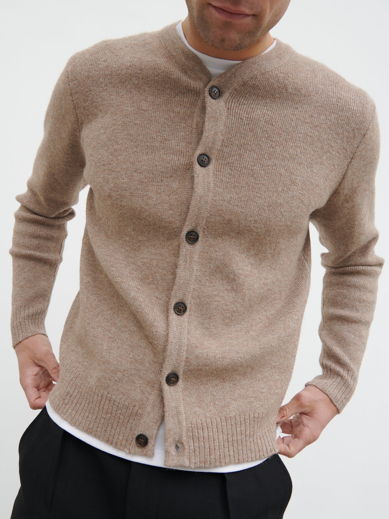 Alfie Collarless Knit Bomber - Beige