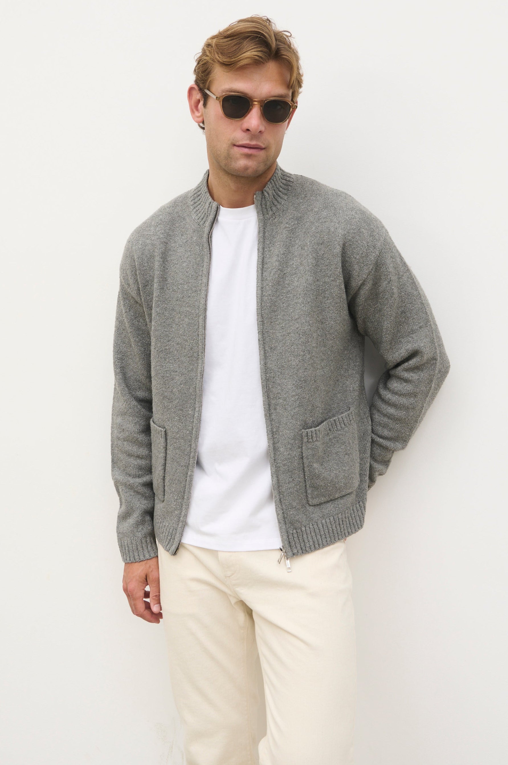 Alfred Boucle Zip Through Knit Jacket - Charcoal – Nobl