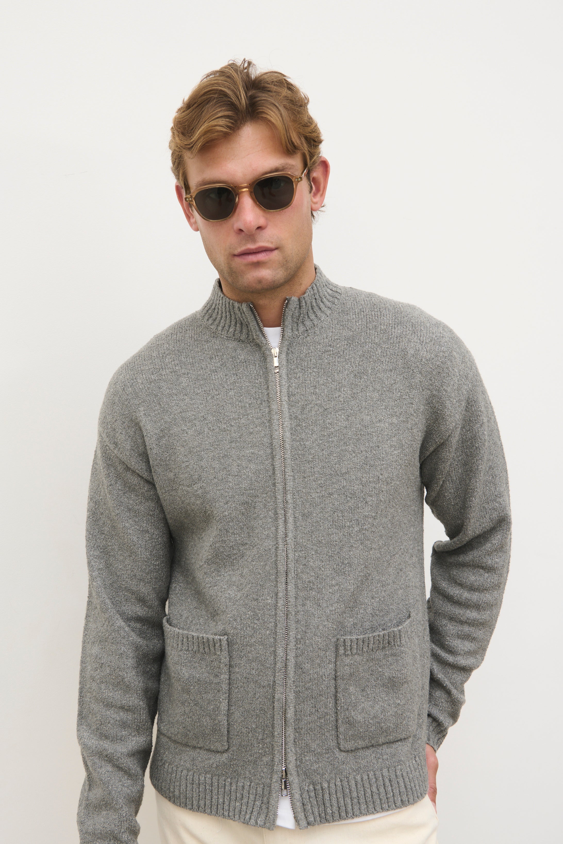 Alfred Boucle Zip Through Knit Jacket - Charcoal – Nobl