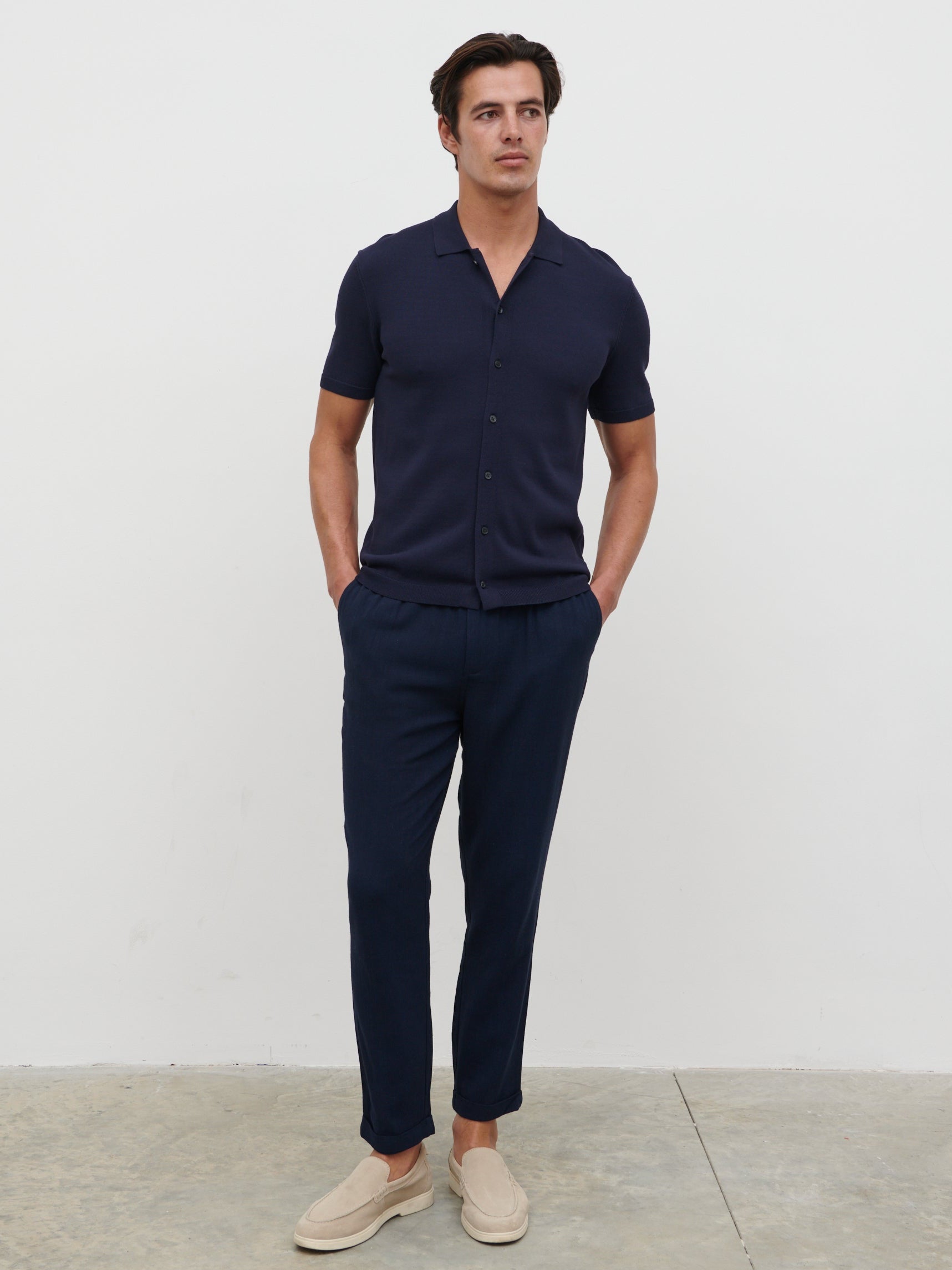 Angus Lightweight Button Down Knitted Shirt - Navy
