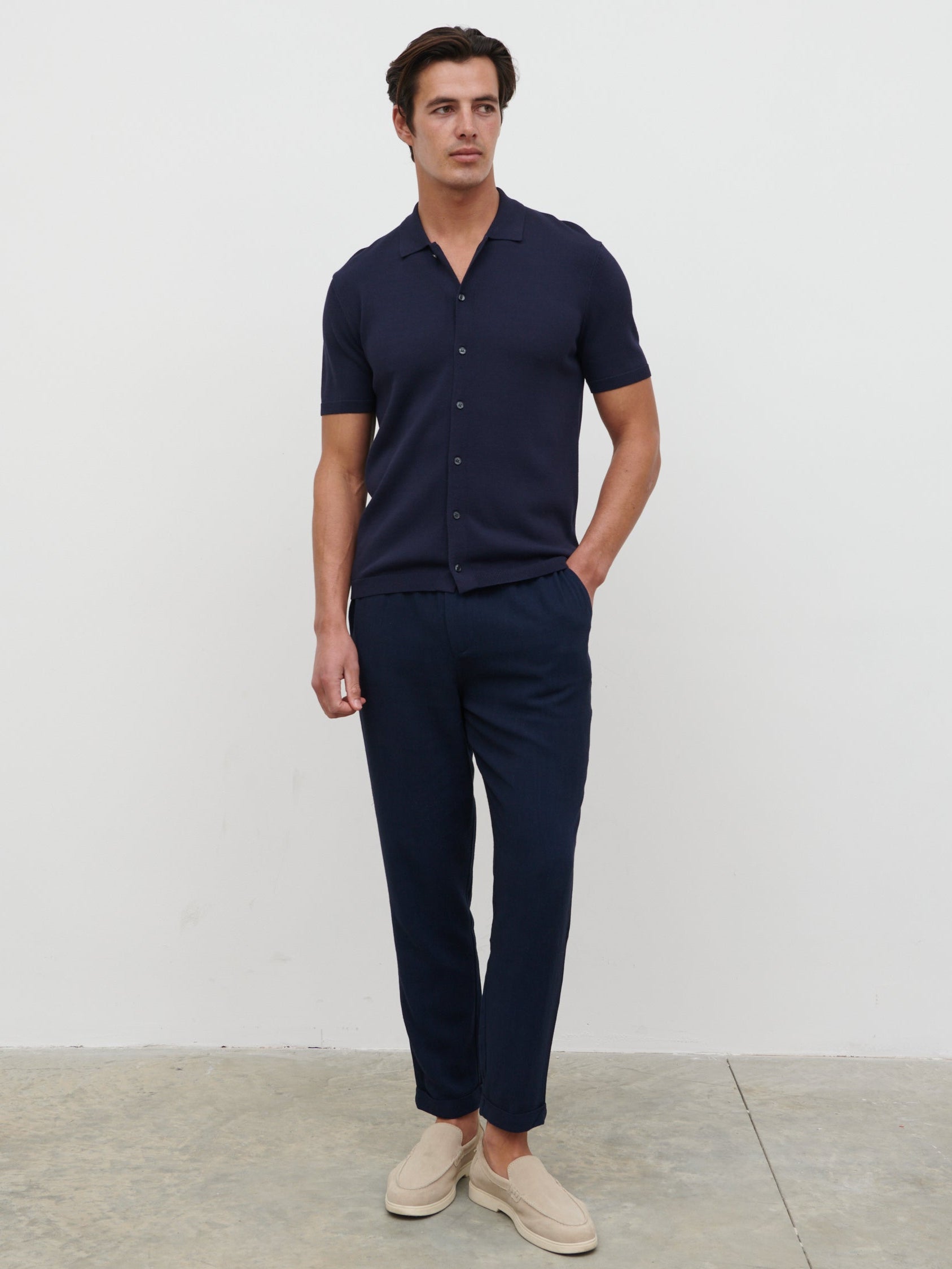 Angus Lightweight Button Down Knitted Shirt - Navy