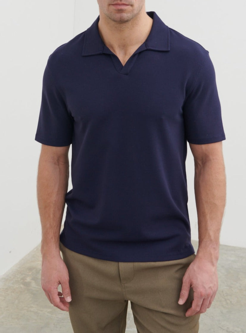Archie Open Collar Jersey Polo - Slate Blue