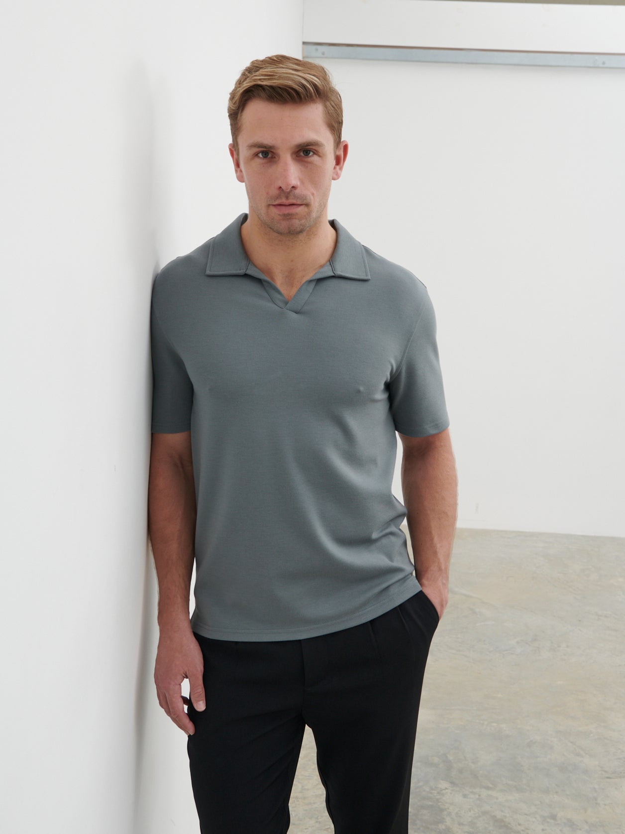 Archie Open Collar Jersey Polo - Slate Grey