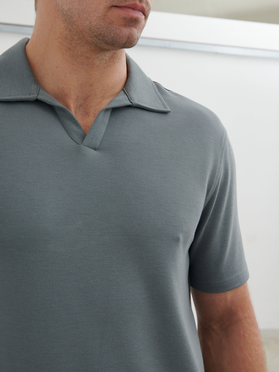 Archie Open Collar Jersey Polo - Slate Grey