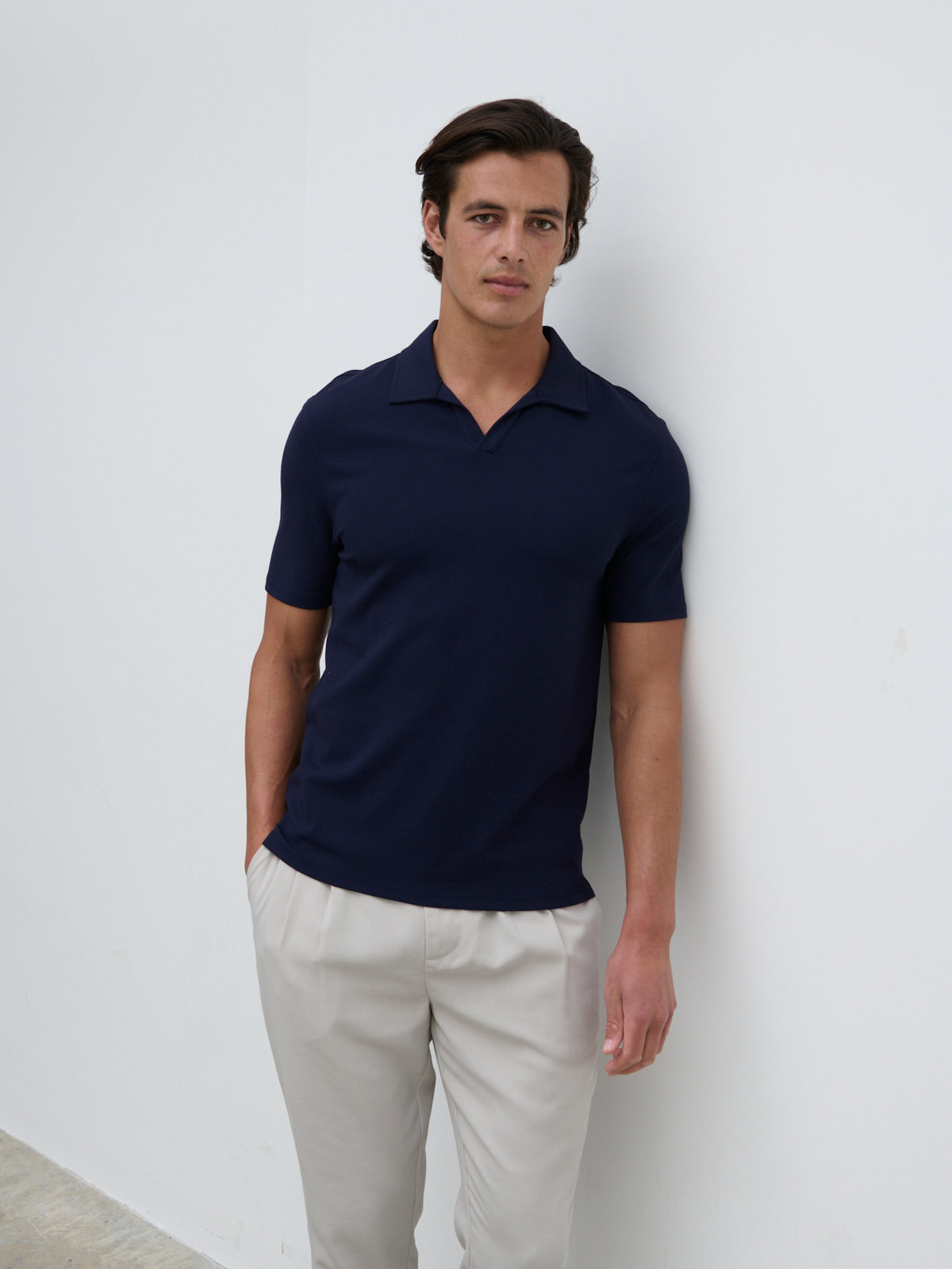 Nobl Archie Open Collar Jersey Polo Shirt - Slate Blue