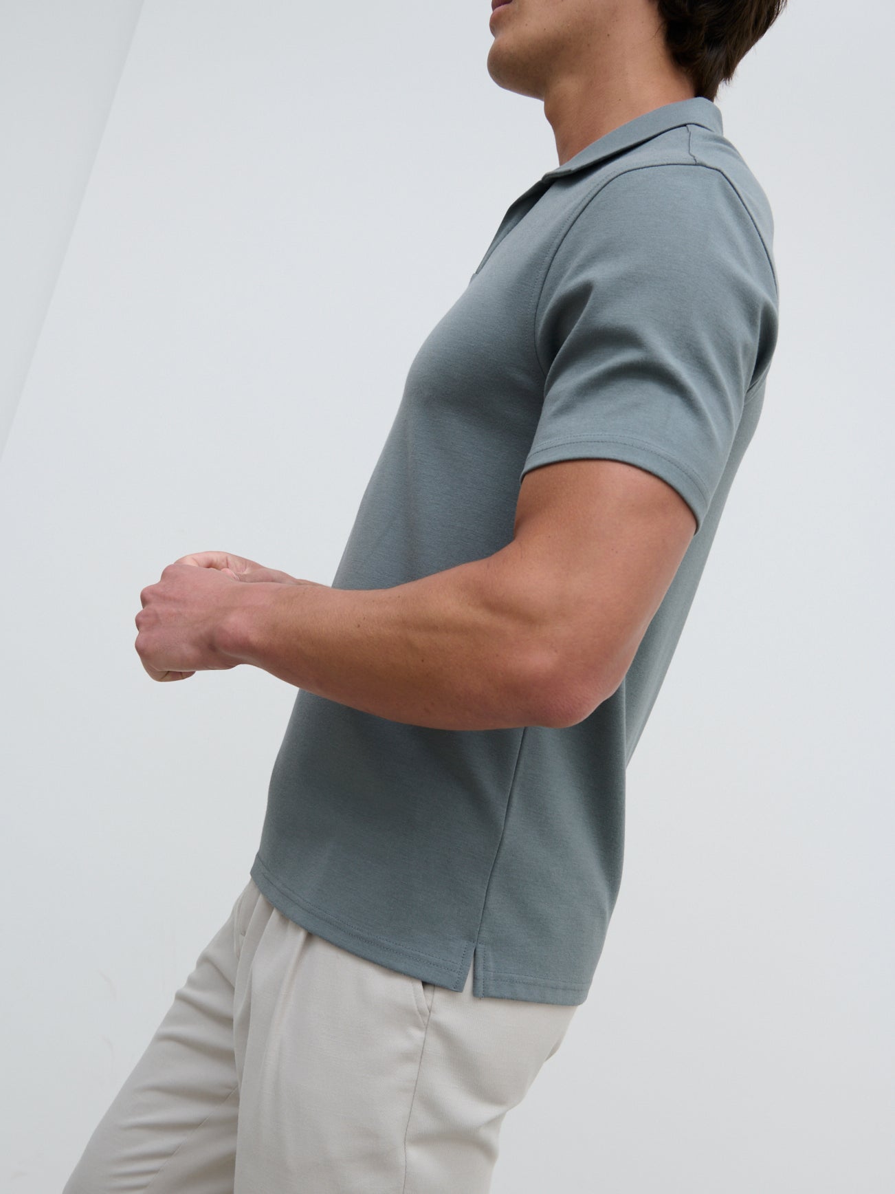 Archie Open Collar Jersey Polo - Slate Grey