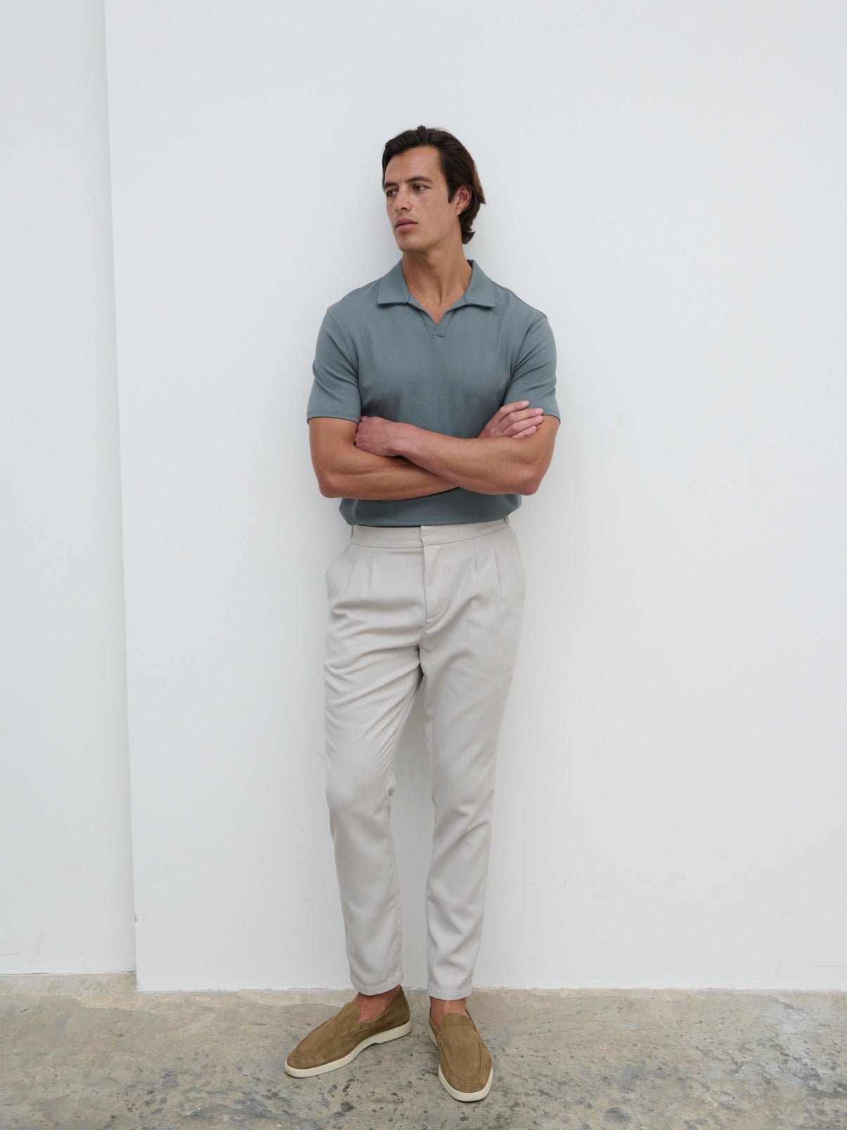 Archie Open Collar Jersey Polo - Slate Grey