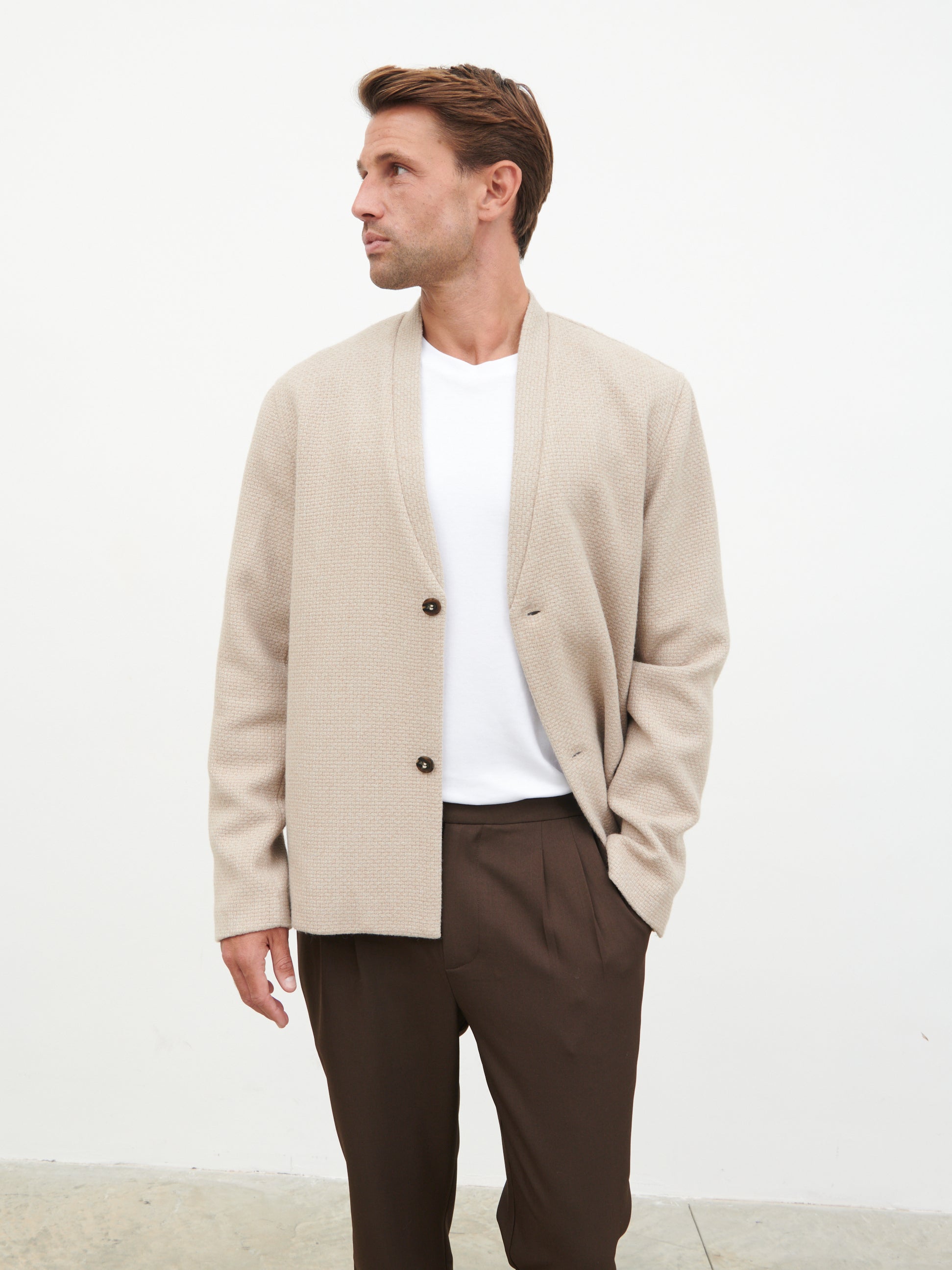 Bear Collarless Jacket - Beige