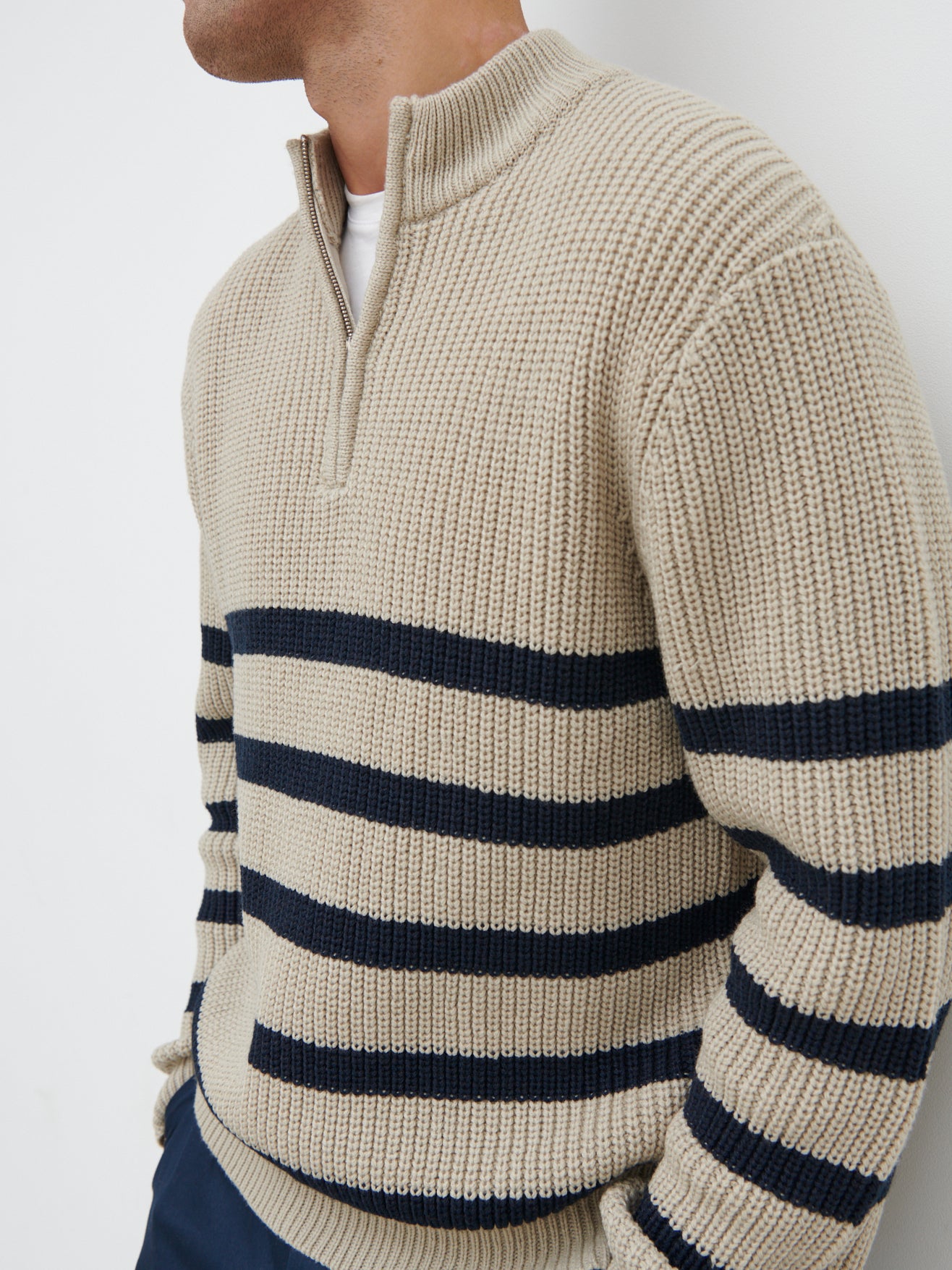 Benjamin Striped Zip Jumper - Stone and Navy