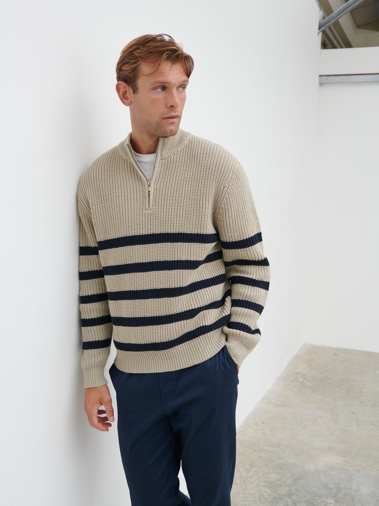 Benjamin Striped Zip Jumper - Stone and Navy