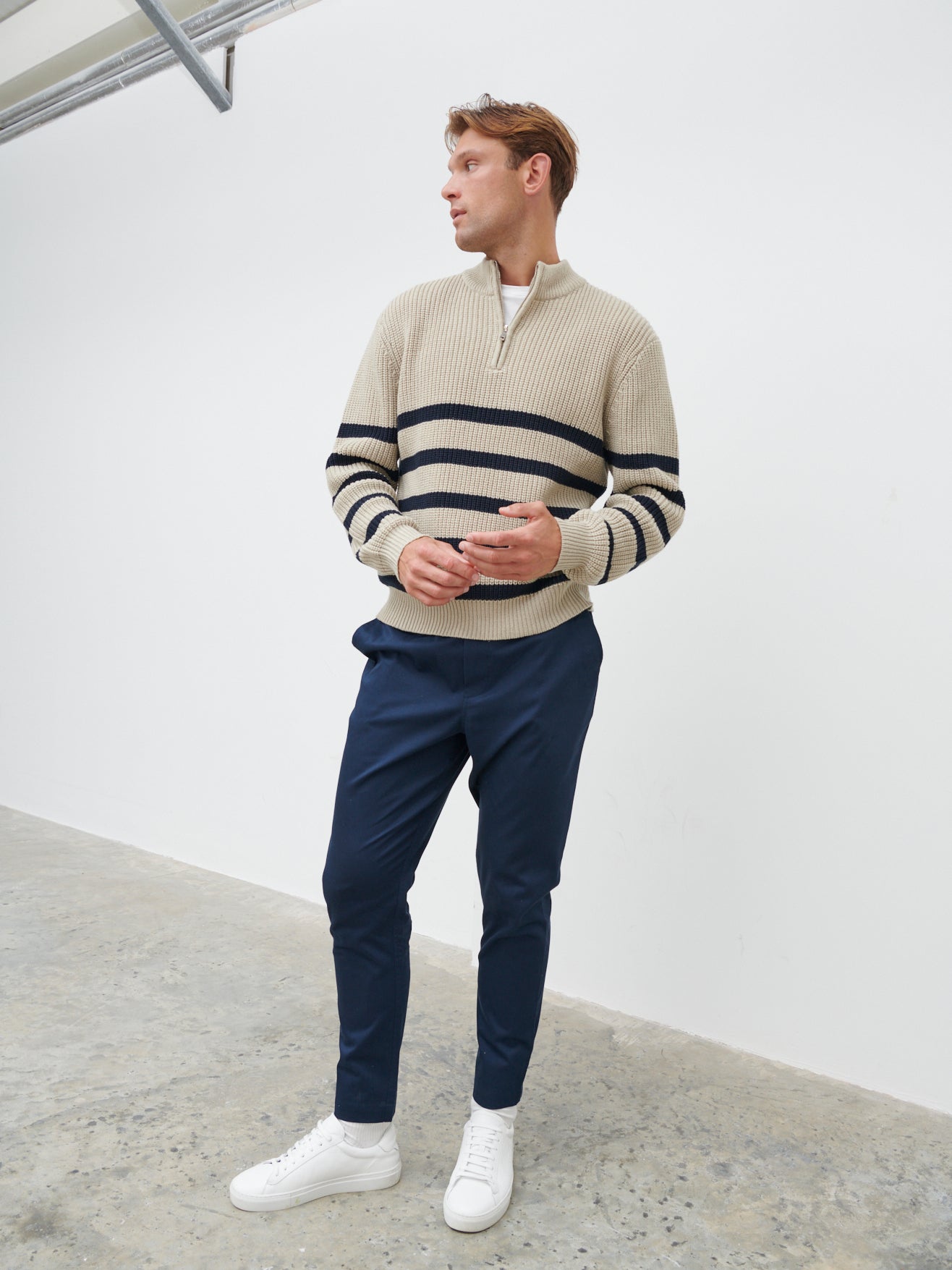 Benjamin Striped Zip Jumper - Stone and Navy