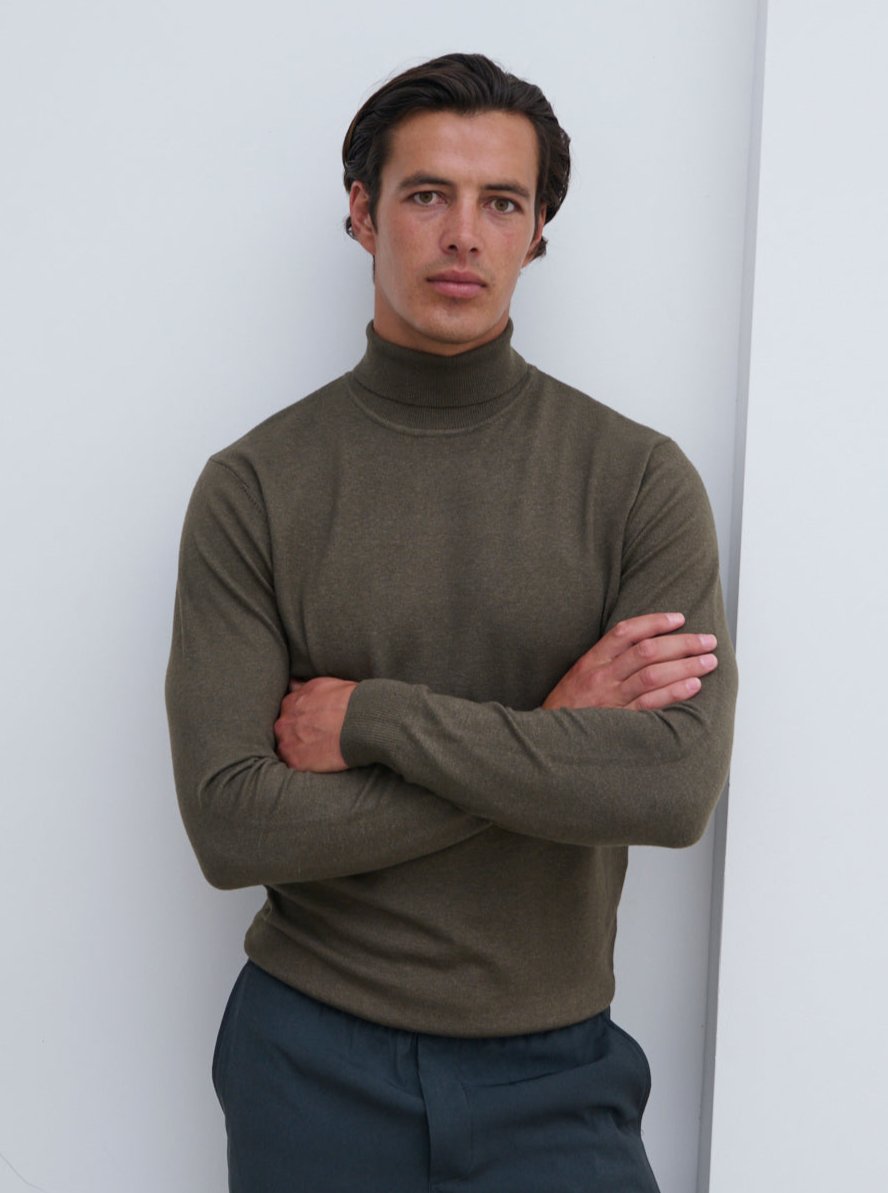 Bennett Light Knit Roll Neck Jumper - Dark Olive