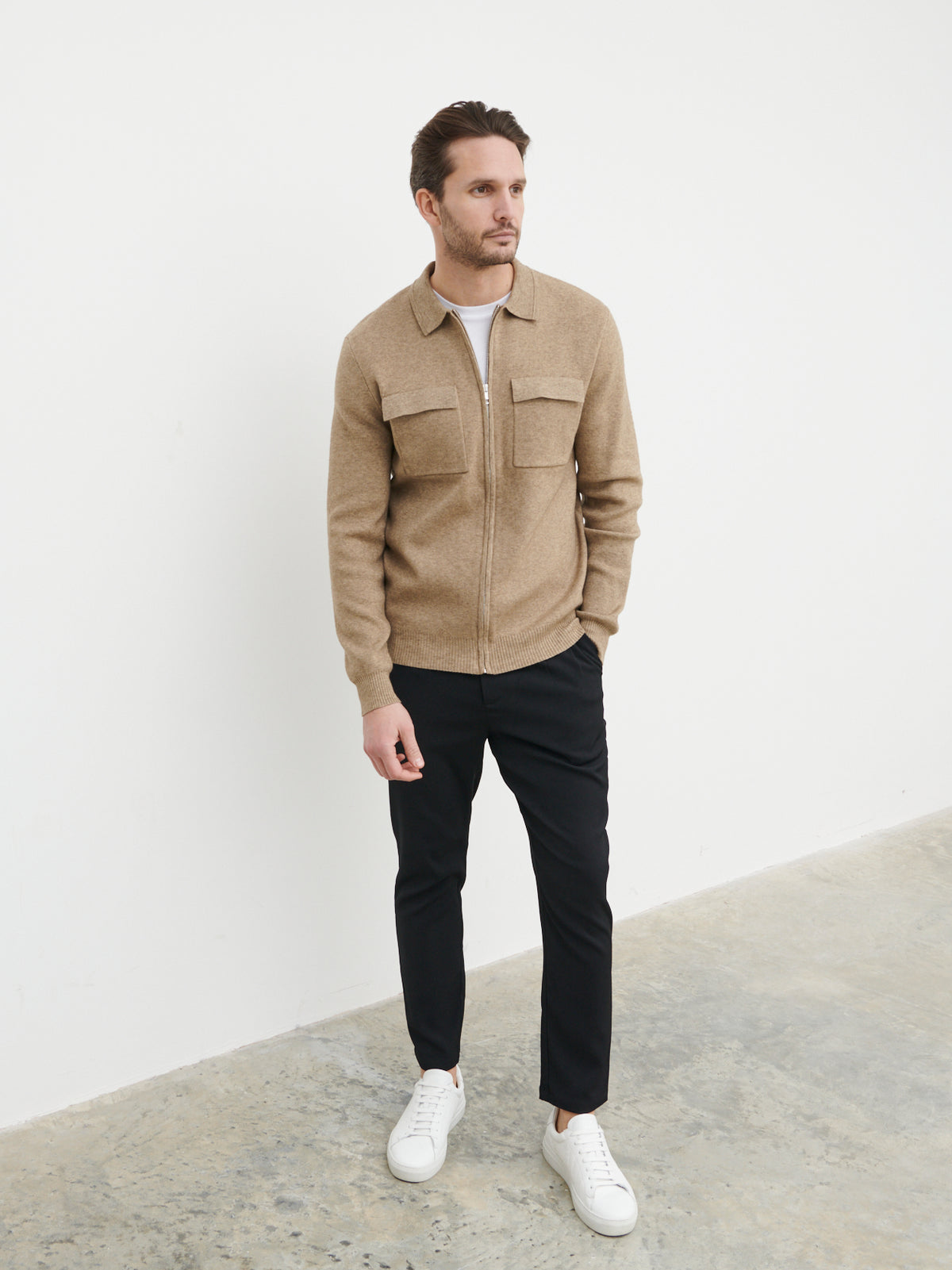 Brett Collared Knit Jacket - Beige Marl