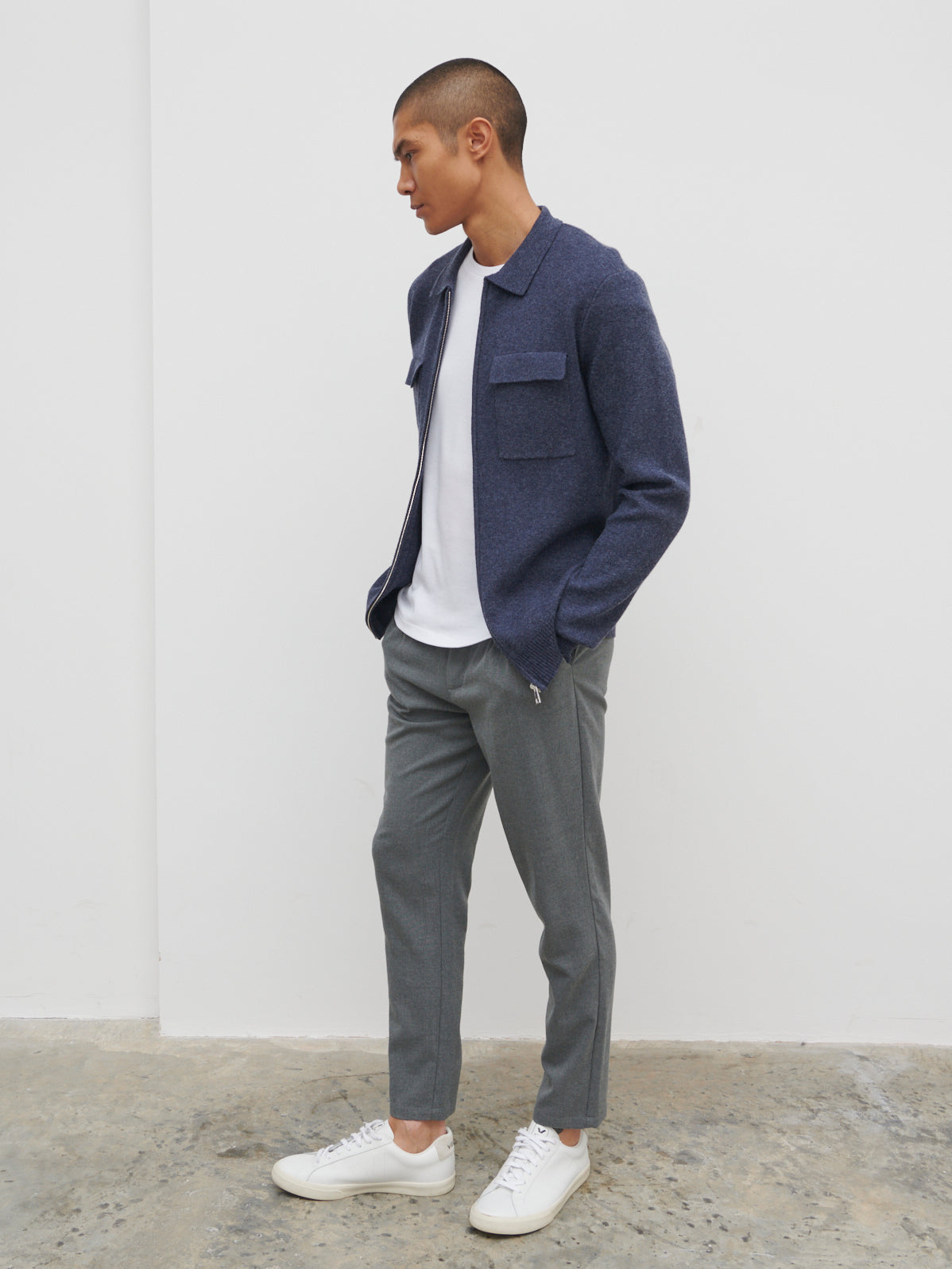 Brett Collared Knit Jacket - Navy Marl