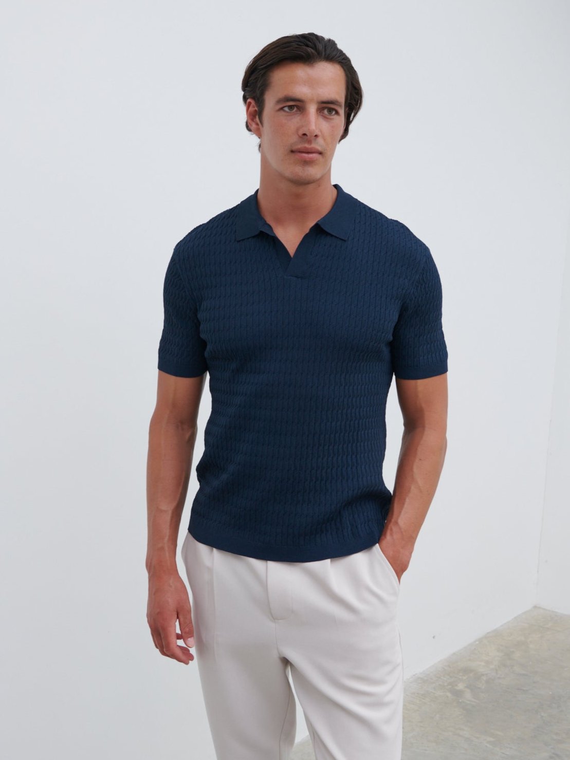 Carter Cable Knit Polo - Navy