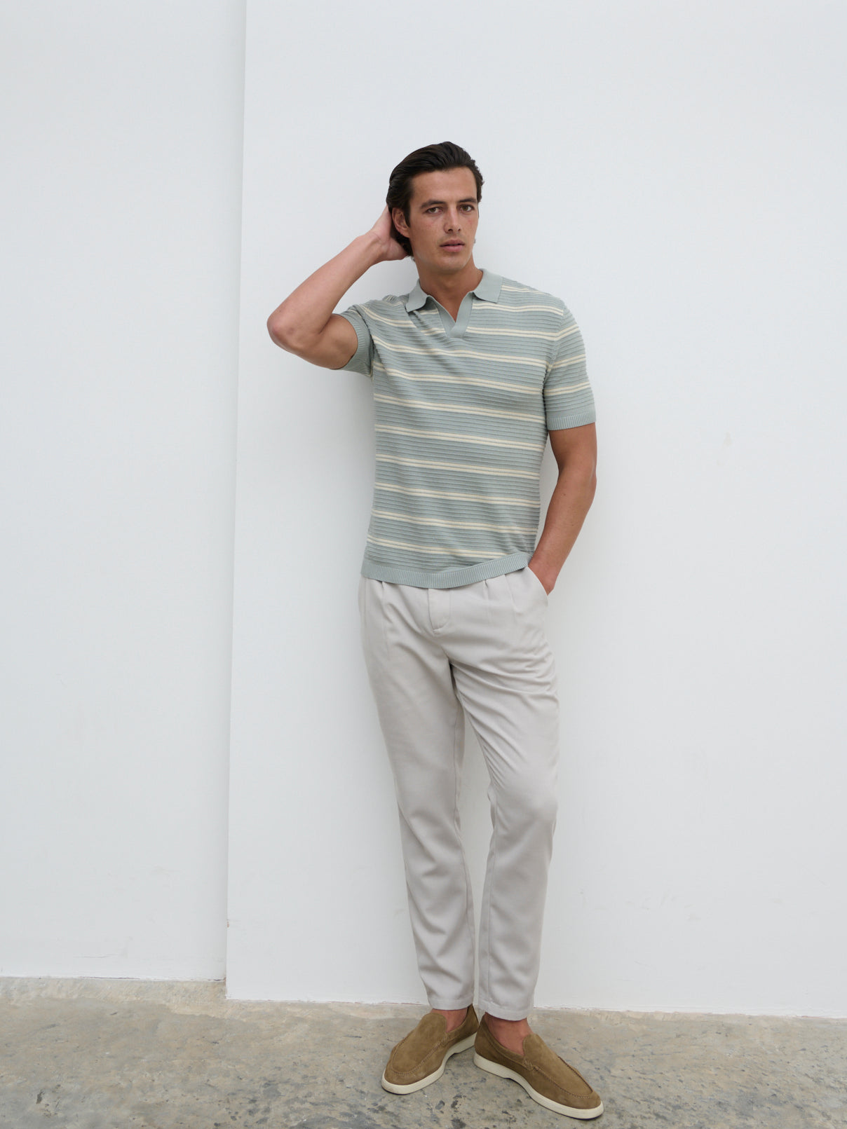 Channing Stripe Knit Polo - Grey Blue and Beige