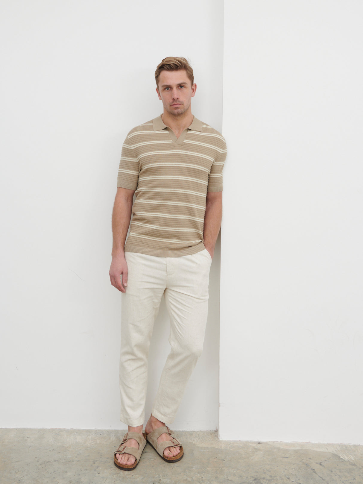 Channing Stripe Knit Polo - Taupe and Beige