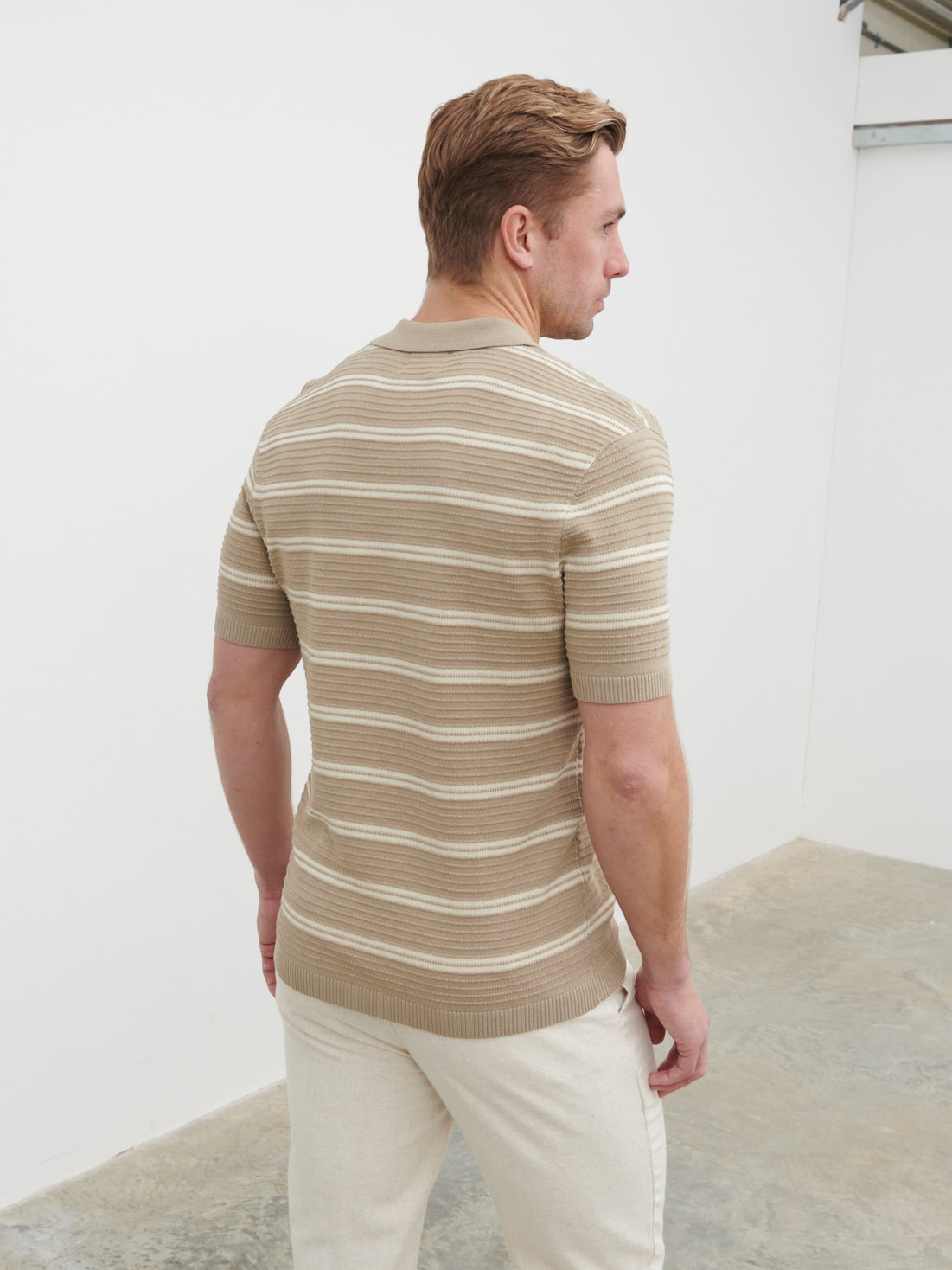 Channing Stripe Knit Polo - Taupe and Beige
