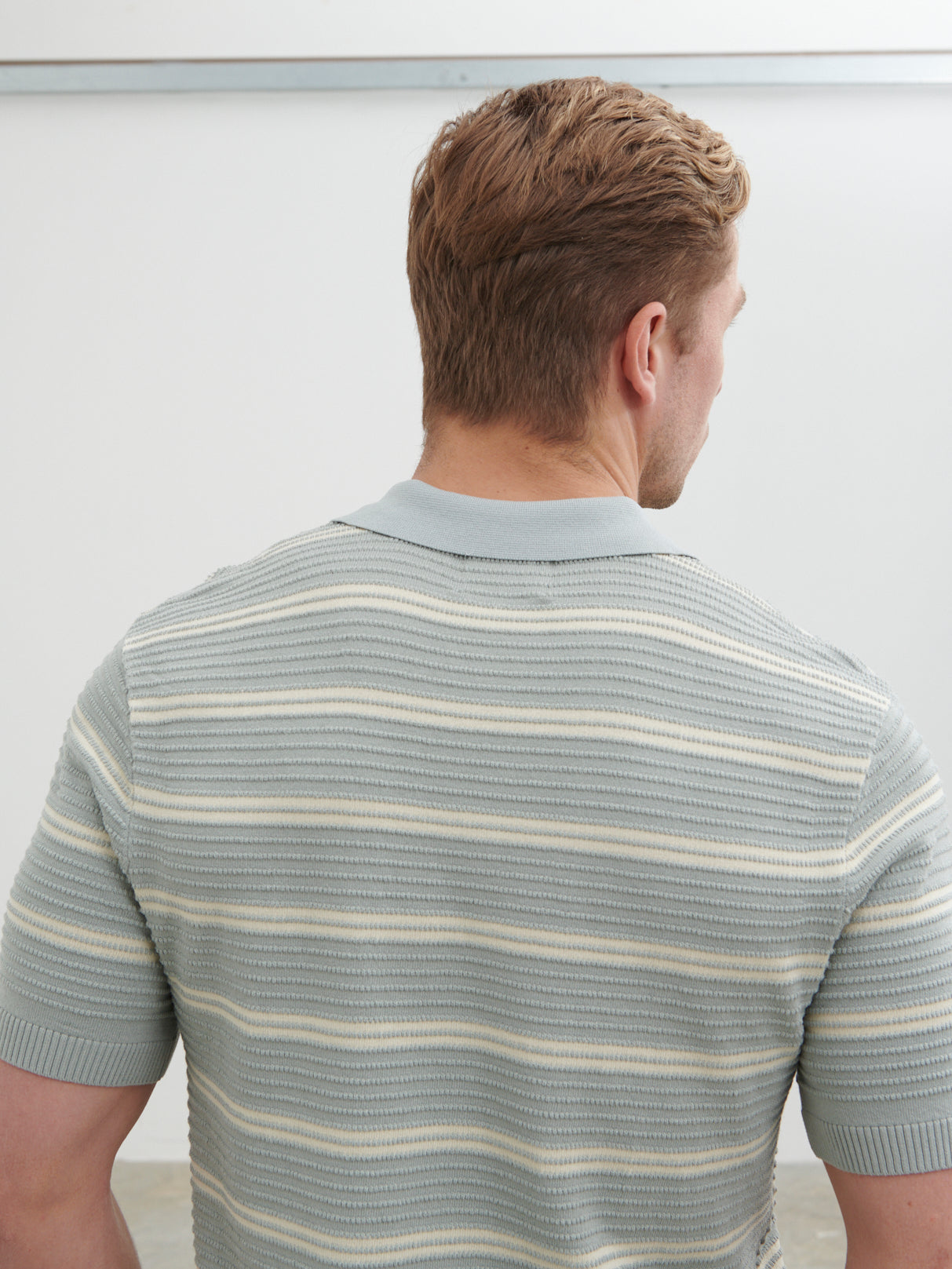Channing Stripe Knit Polo - Grey Blue and Beige