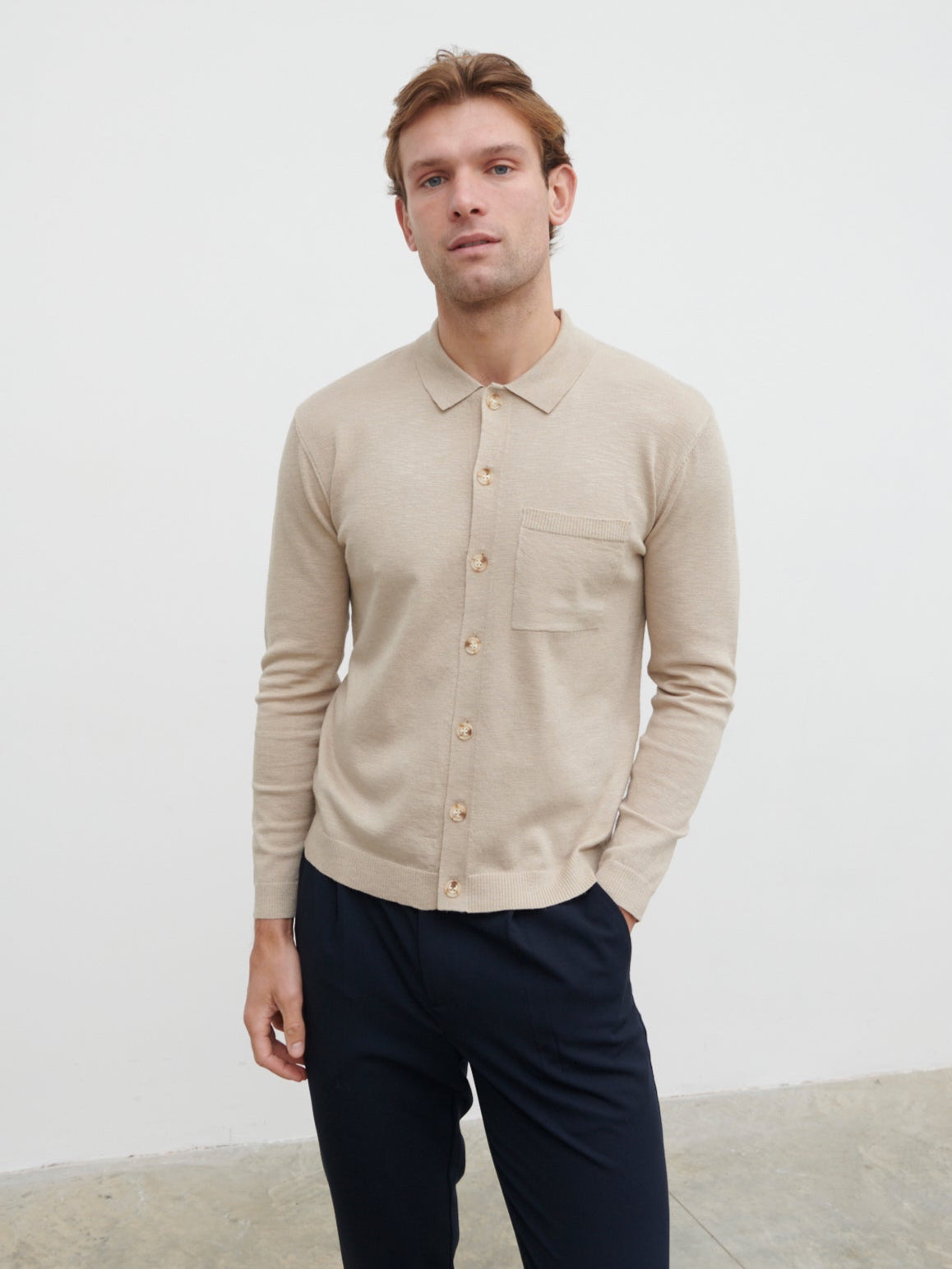 Ellis Long Sleeve Knit Shirt - Stone
