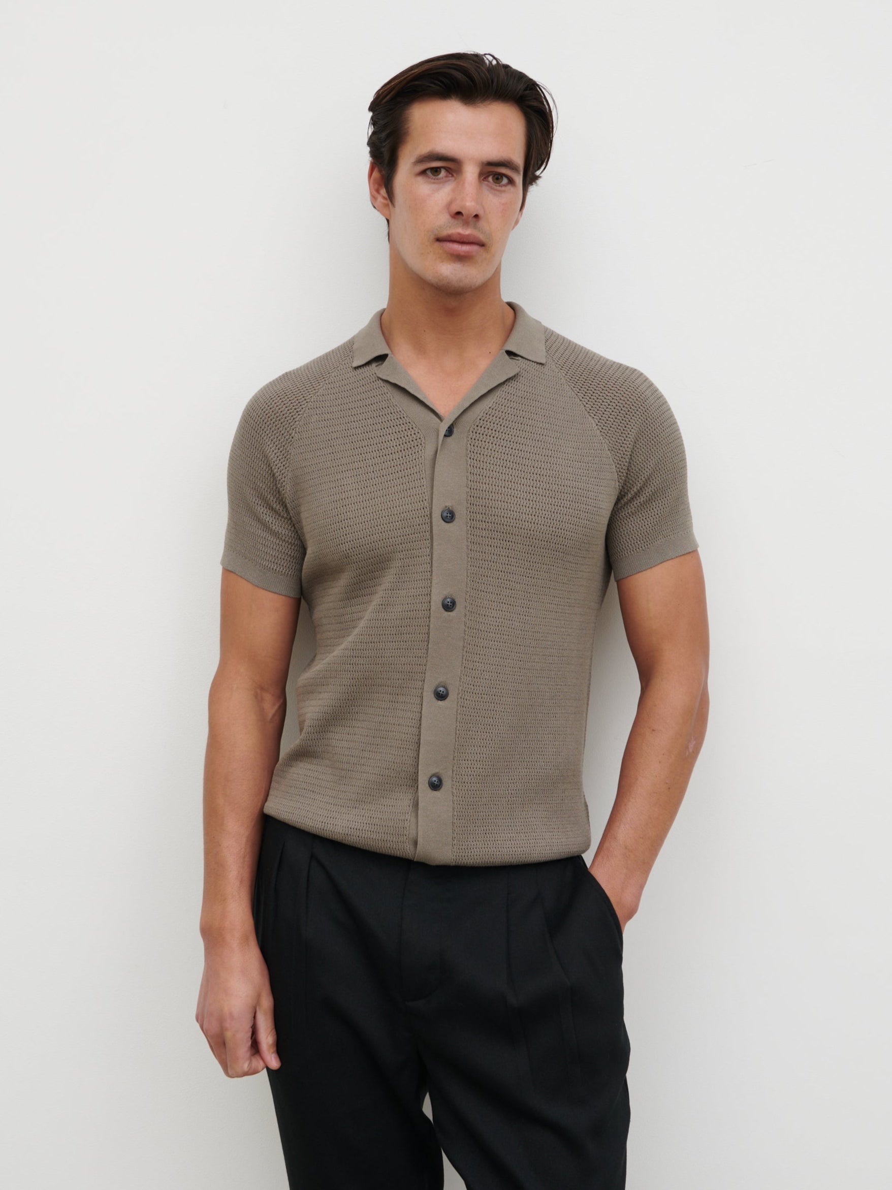 Emilio Openwork Knit Shirt - Dark Taupe