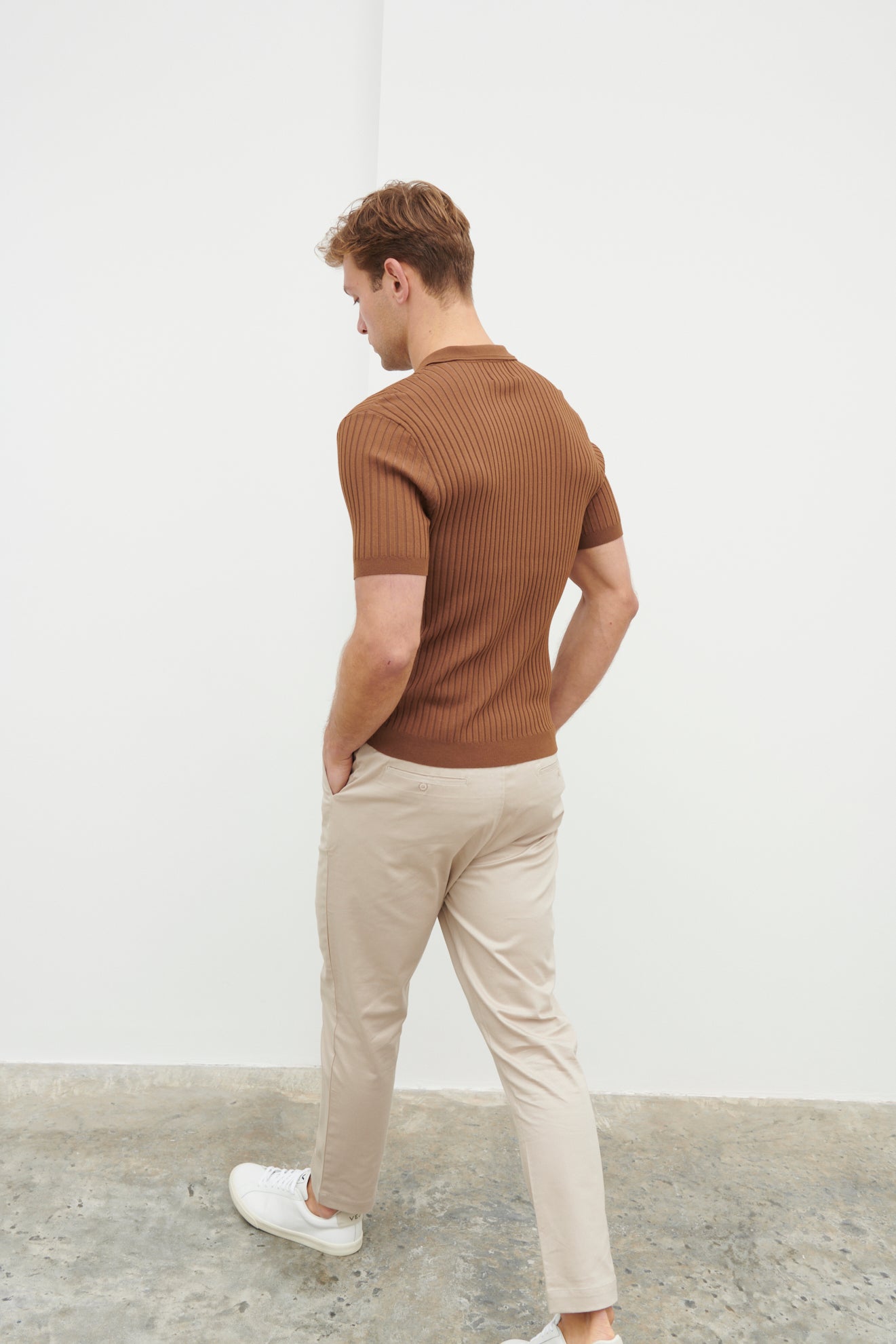 Ethan Ribbed Knitted Polo Top - Brown