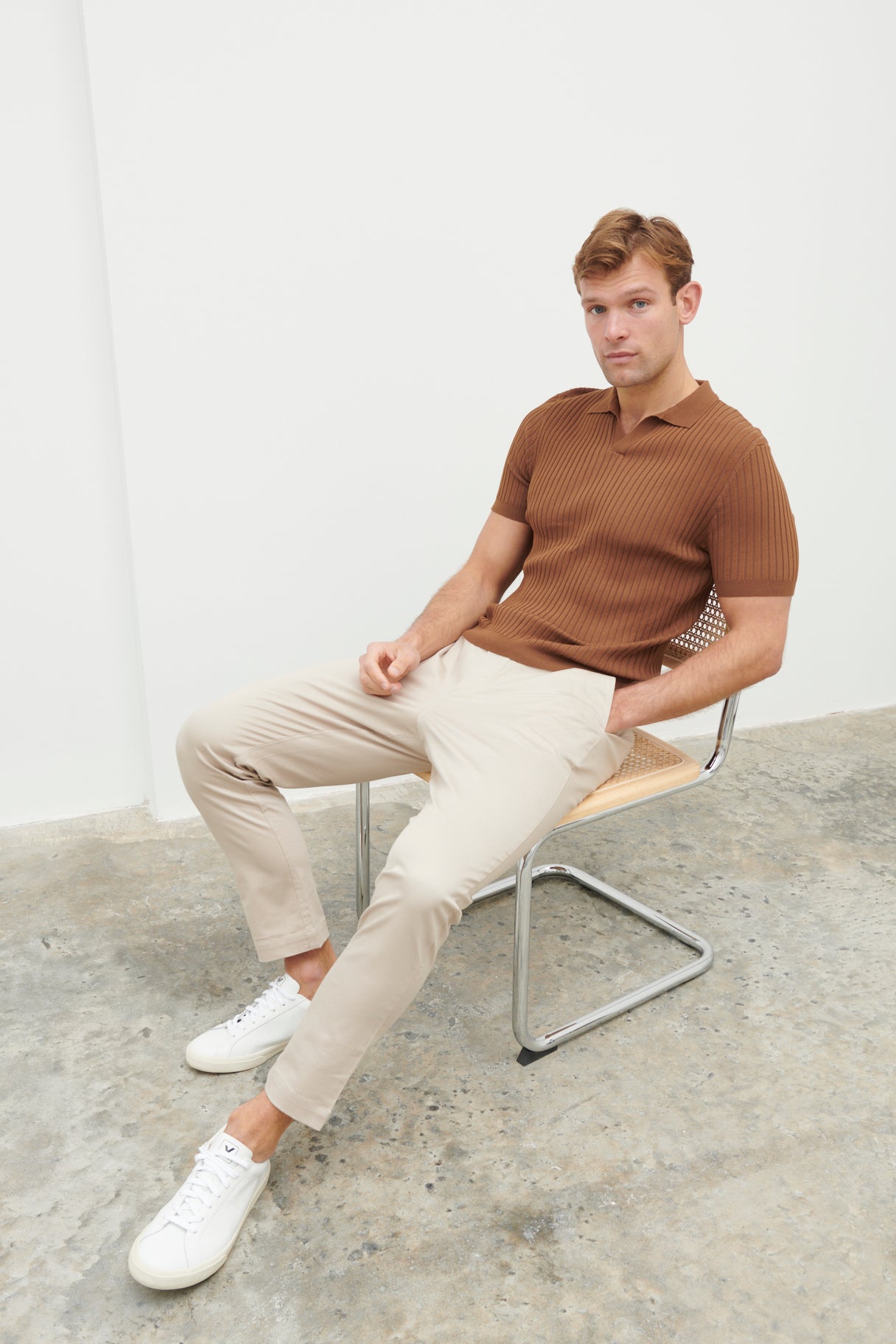 Ethan Ribbed Knitted Polo Top - Brown