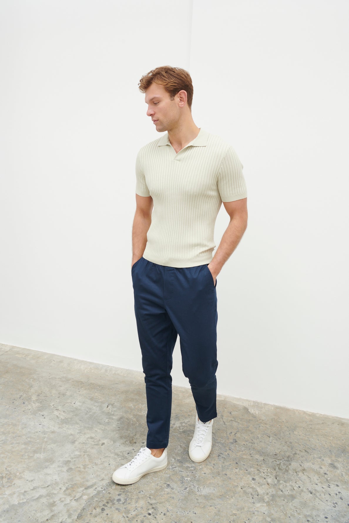 Ethan Ribbed Knitted Polo Top - Earl Grey