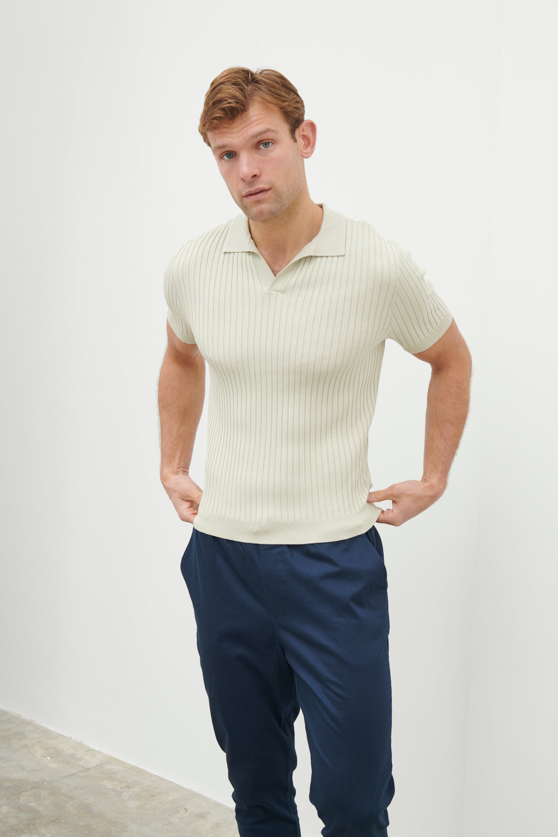 Ethan Ribbed Knitted Polo Top - Earl Grey