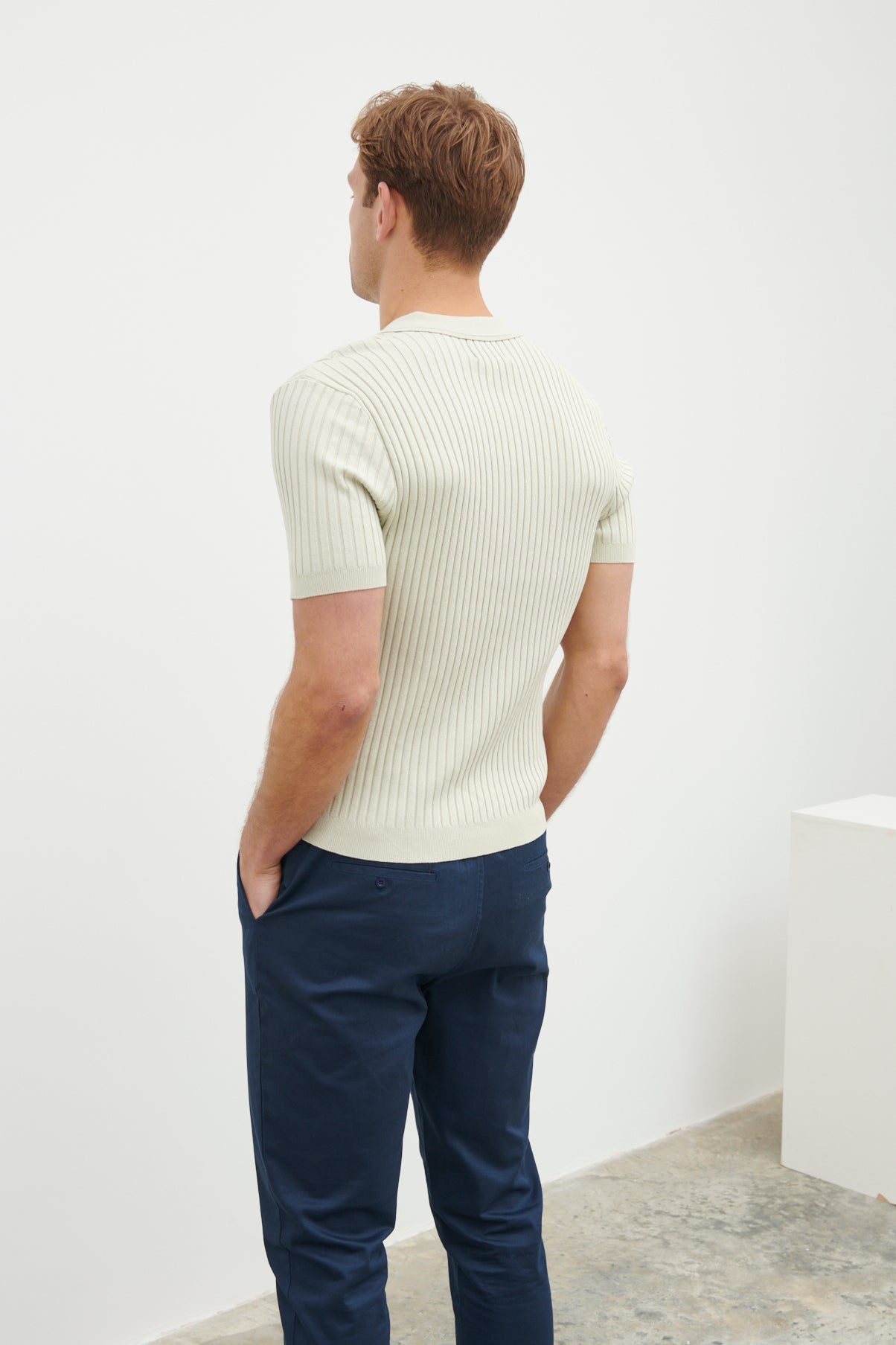 Ethan Ribbed Knitted Polo Top - Earl Grey