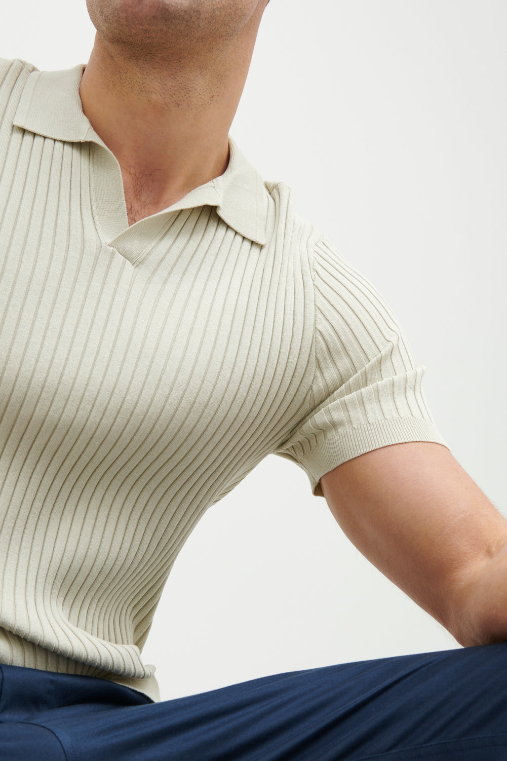 Ethan Ribbed Knitted Polo Top - Earl Grey