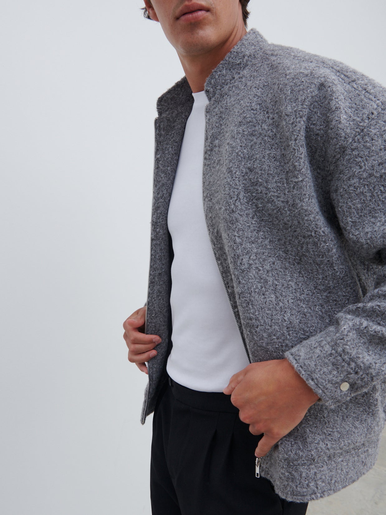 Ezra Boucle Bomber Jacket - Charcoal