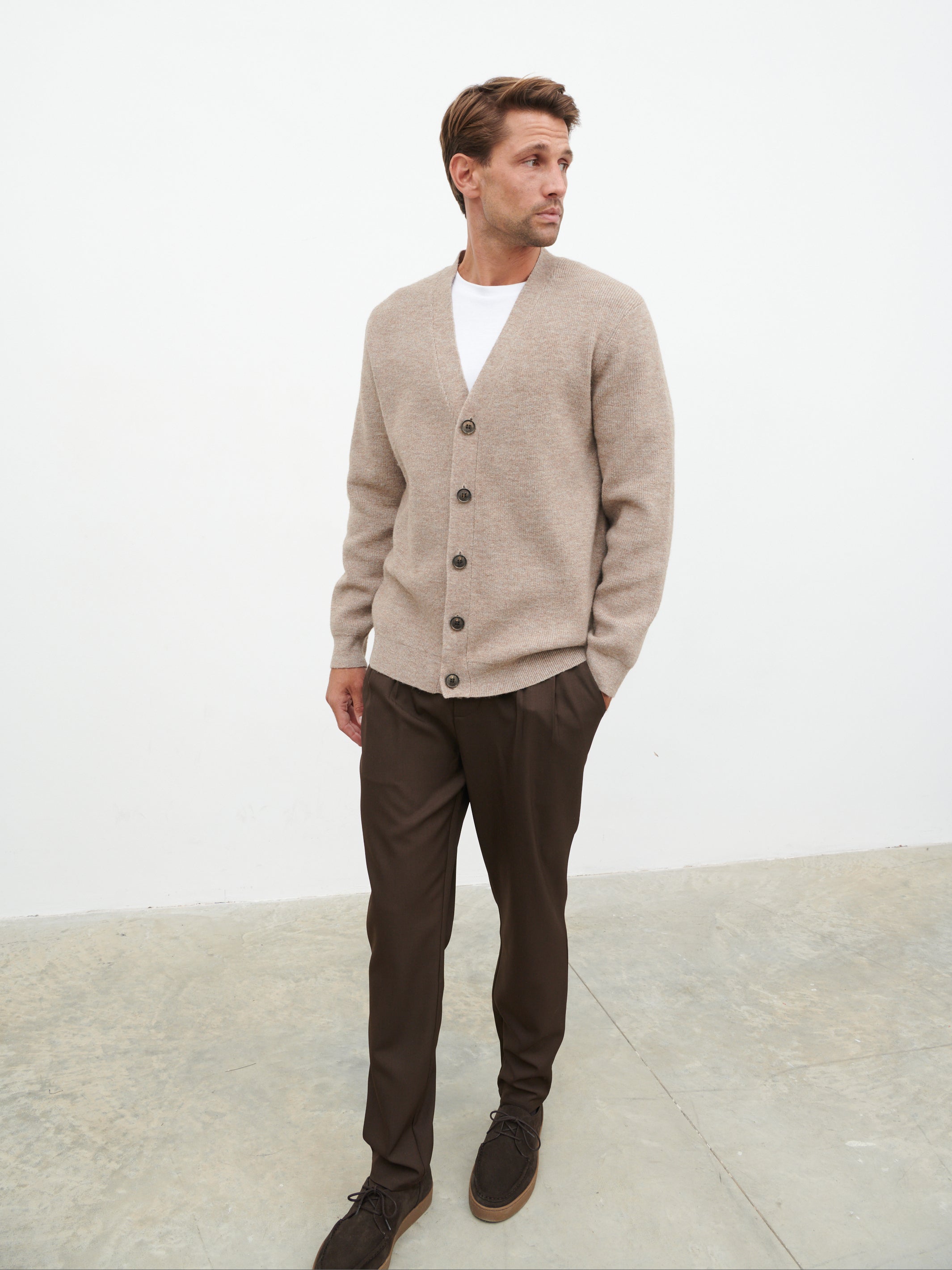 Frederick Button Down Cardigan - Light Brown Marl