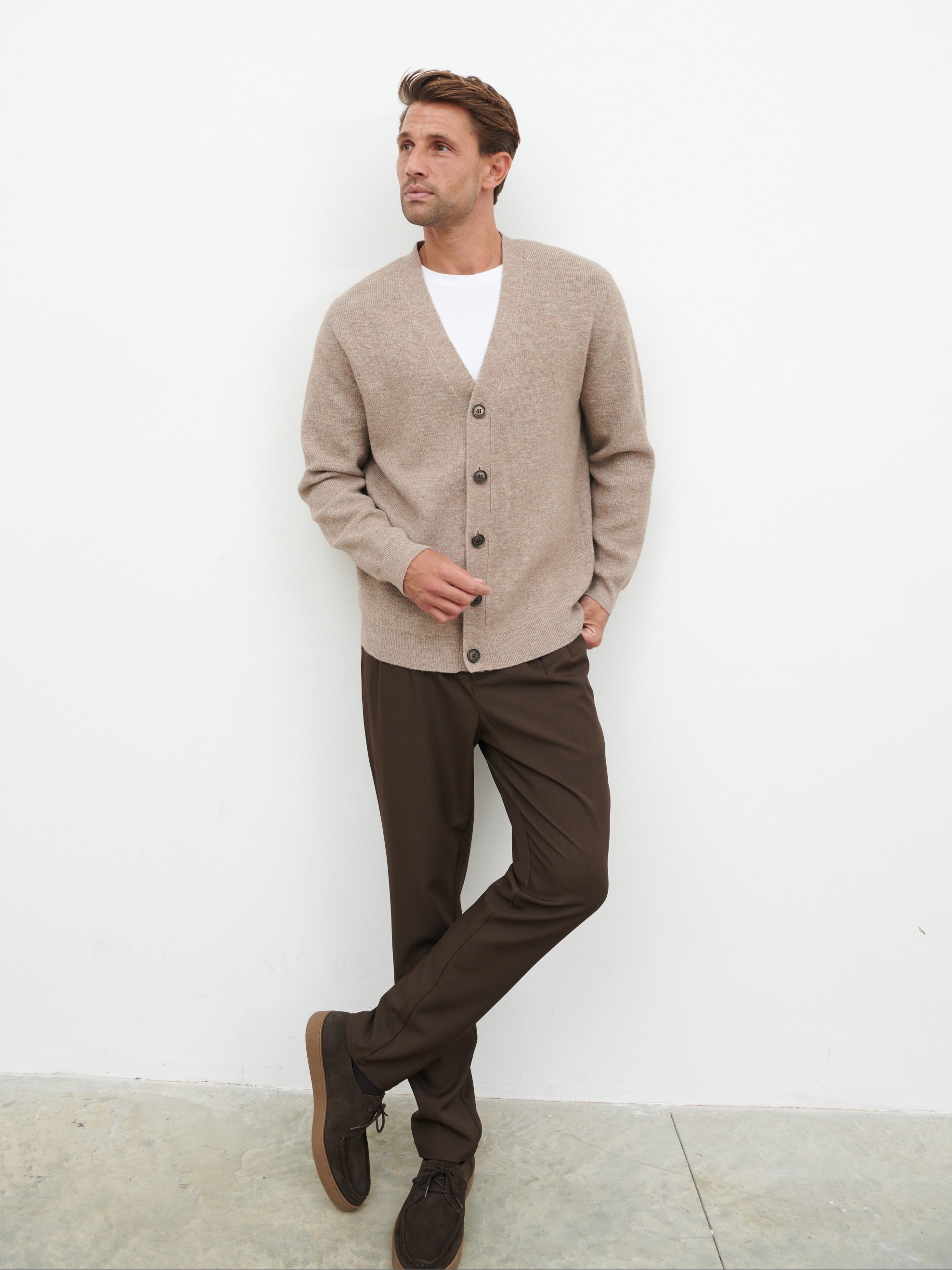 Frederick Button Down Cardigan - Light Brown Marl
