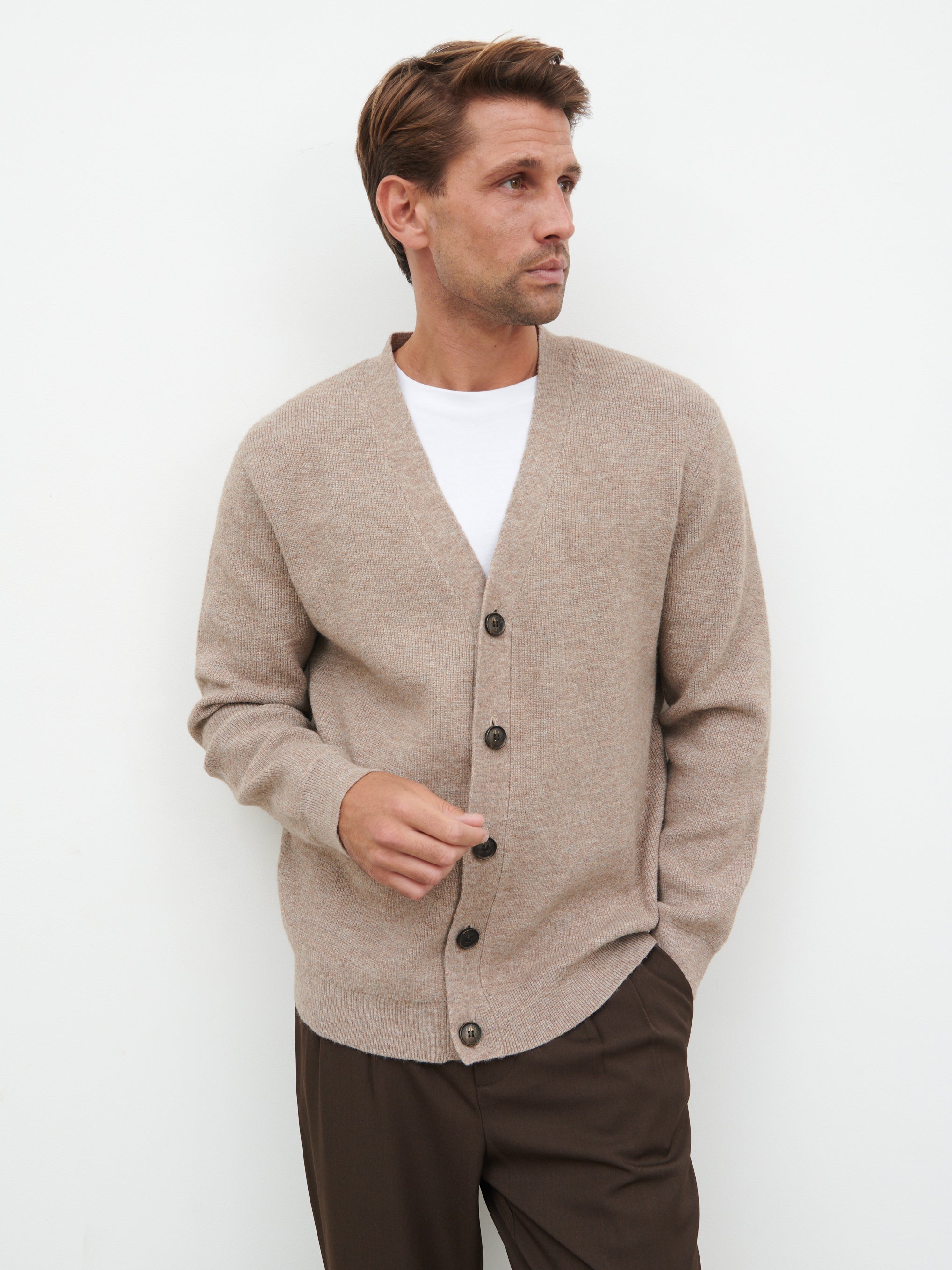 Frederick Button Down Cardigan - Light Brown Marl