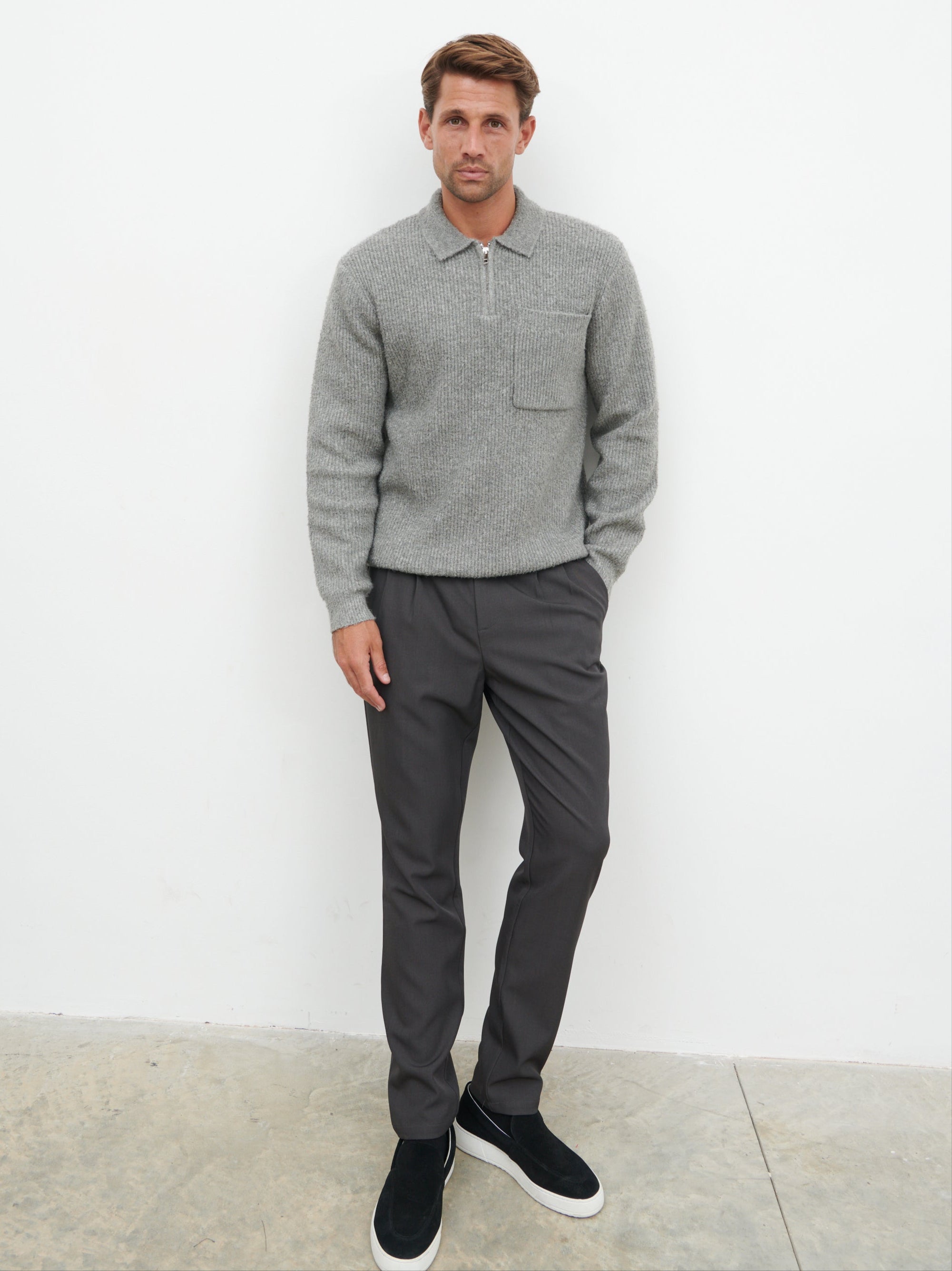 Henley Boucle Knit Zip Jumper - Charcoal