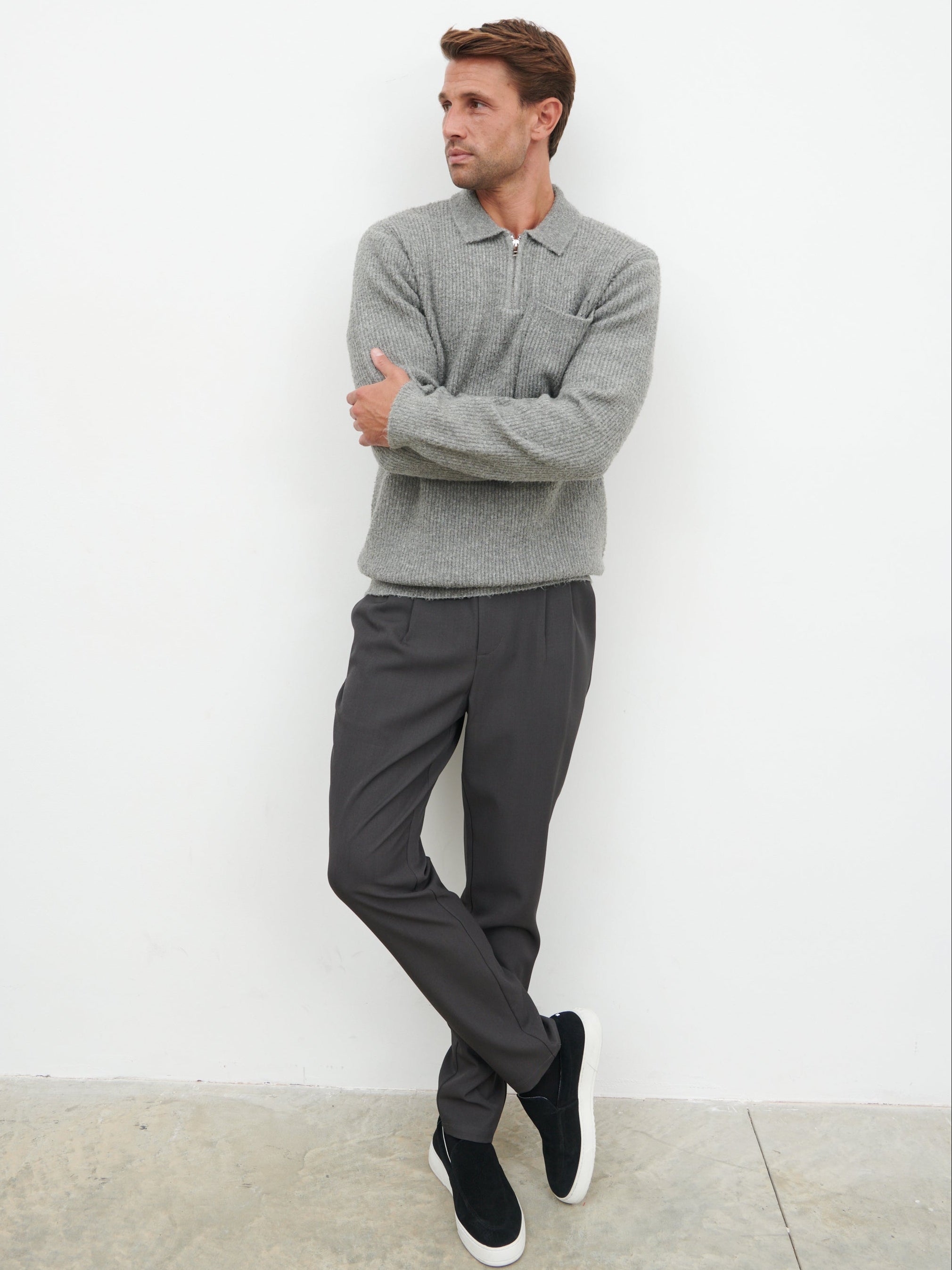 Henley Boucle Knit Zip Jumper - Charcoal