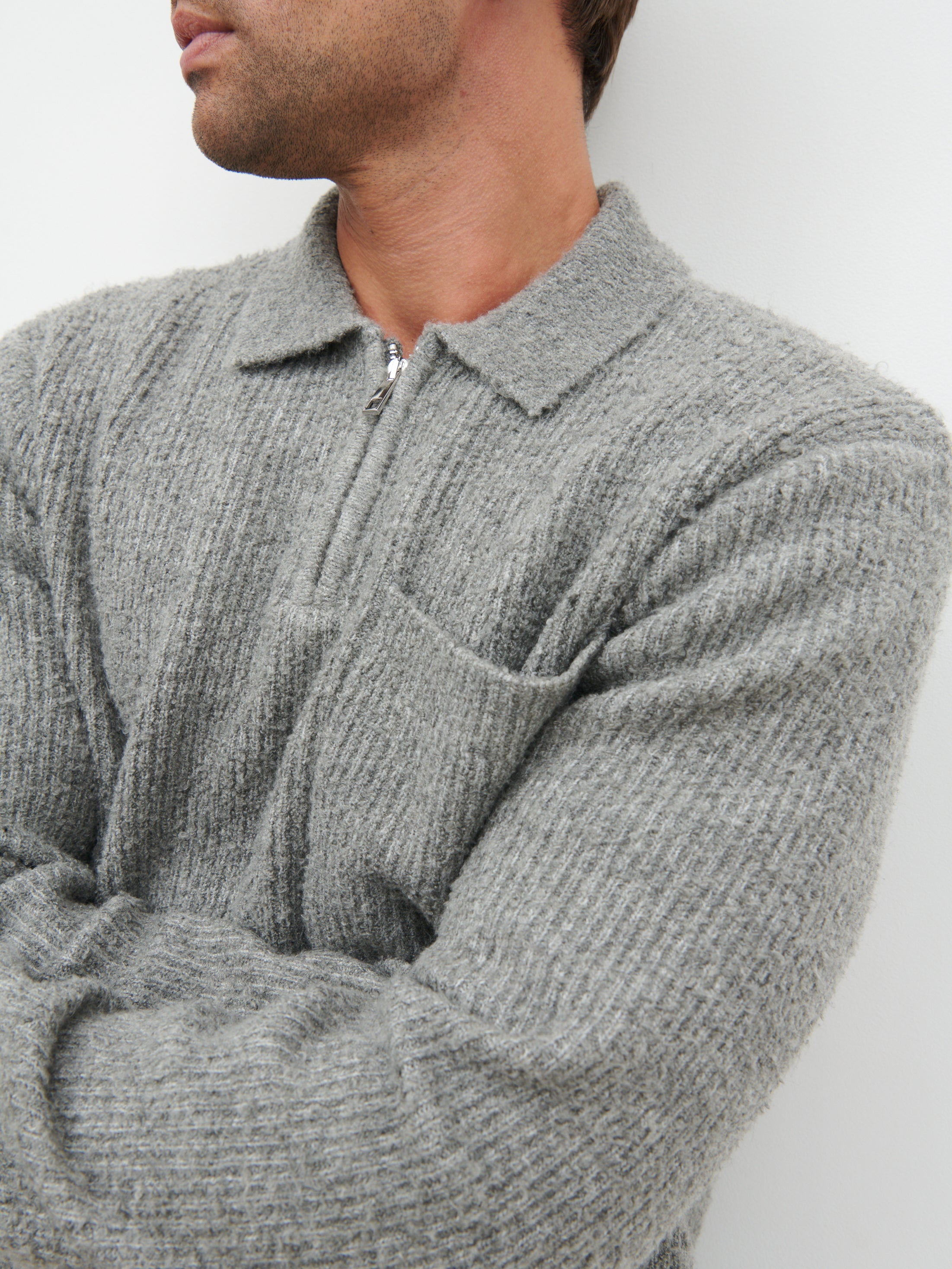 Henley Boucle Knit Zip Jumper - Charcoal