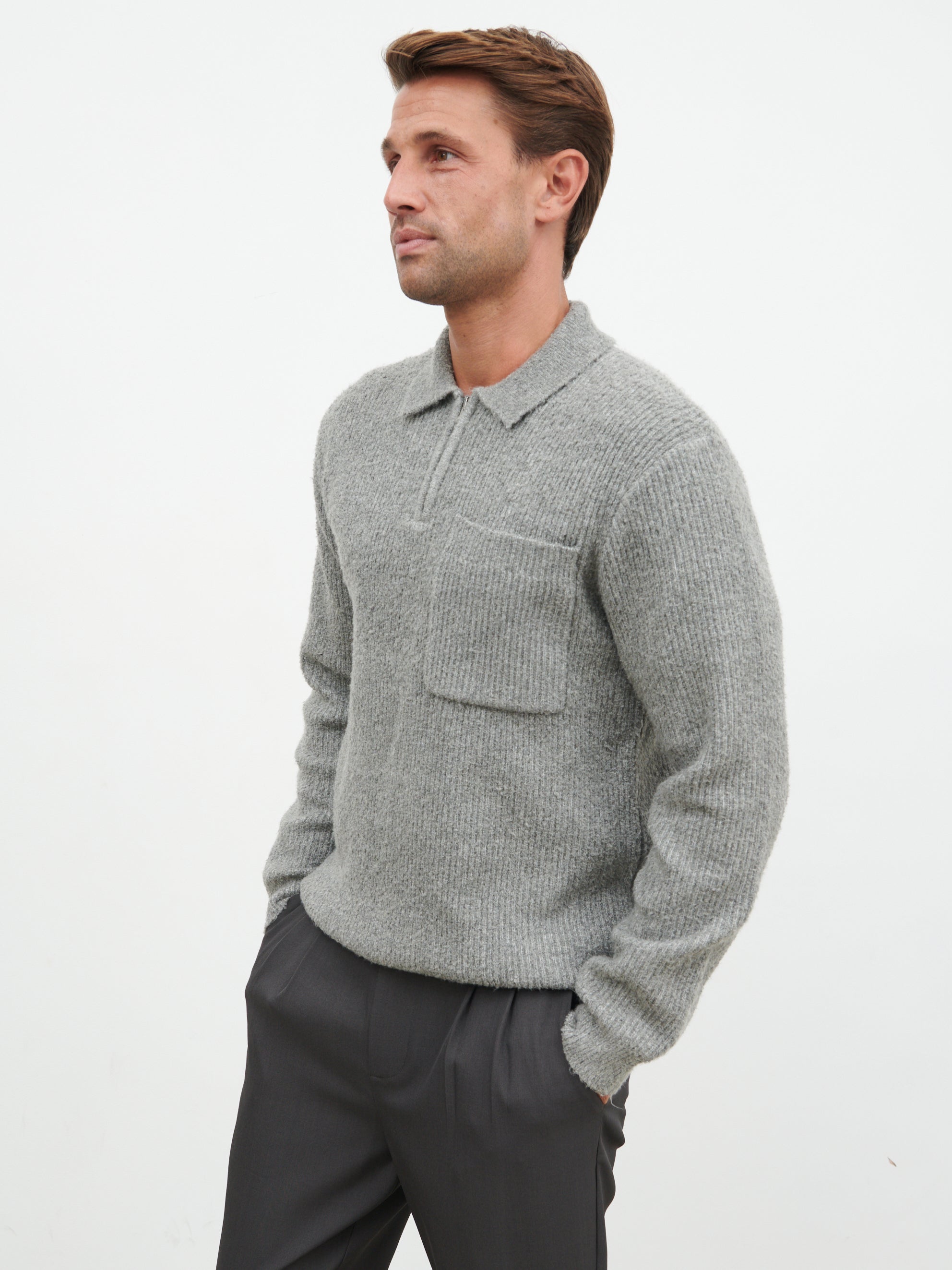 Henley Boucle Knit Zip Jumper - Charcoal