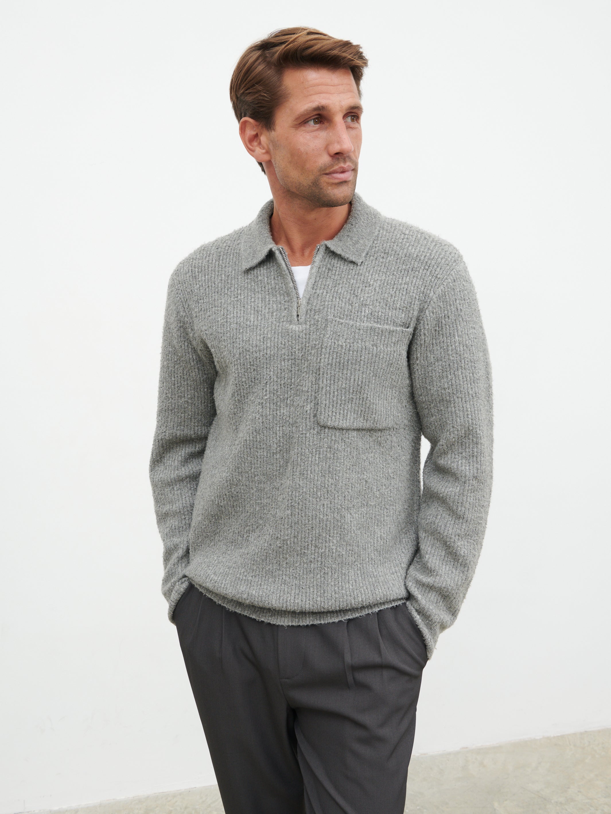 Henley Boucle Knit Zip Jumper - Charcoal