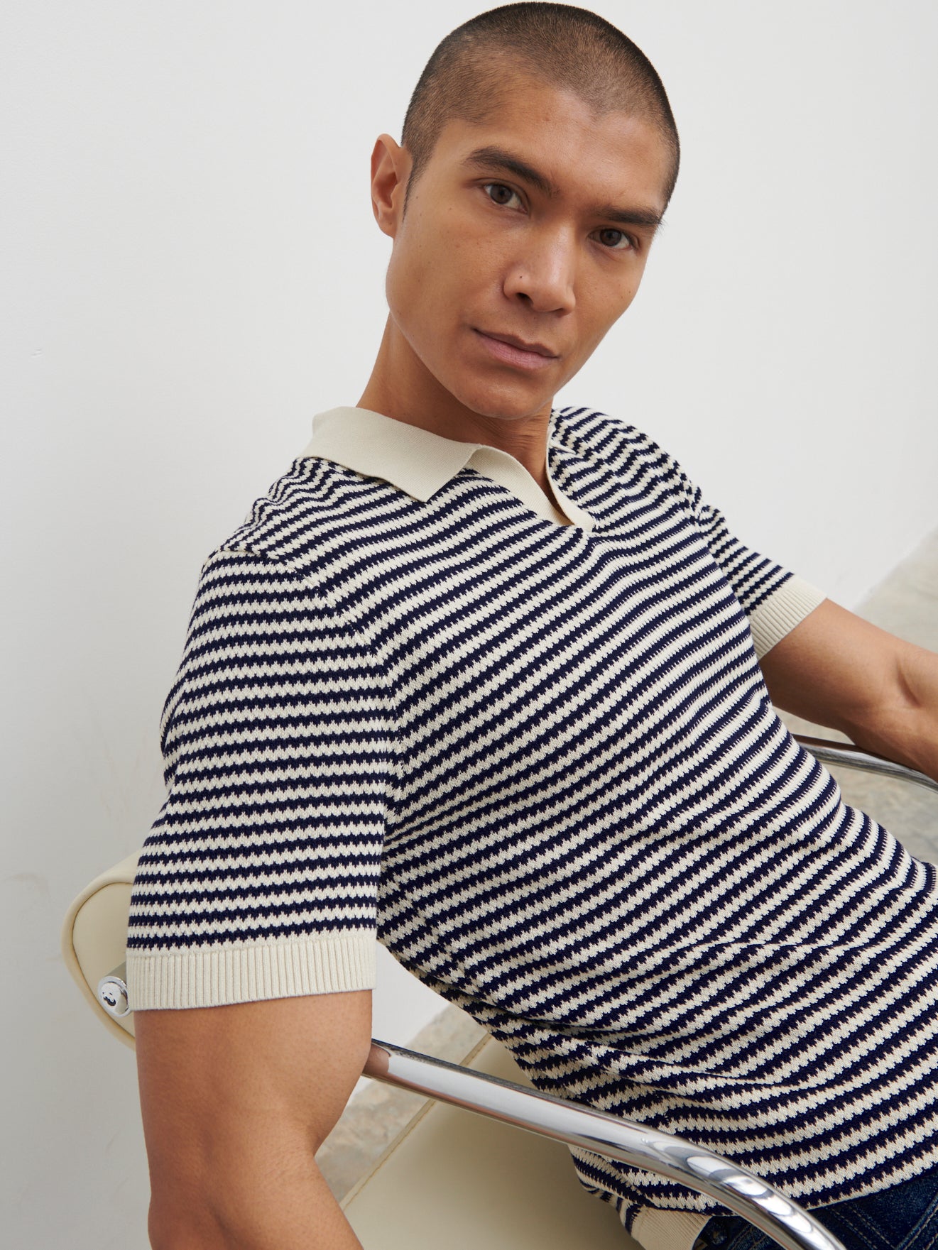 Jacob Stripe Knit Polo - Navy and Cream