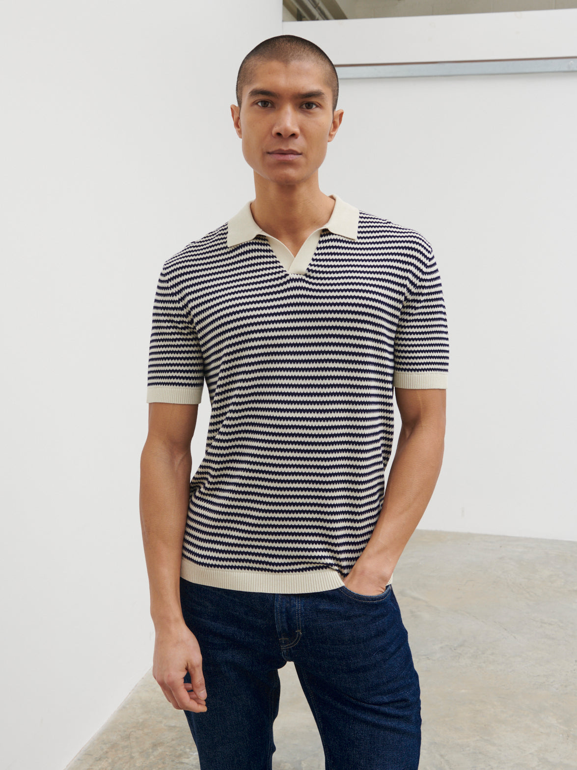 Jacob Stripe Knit Polo - Navy and Cream