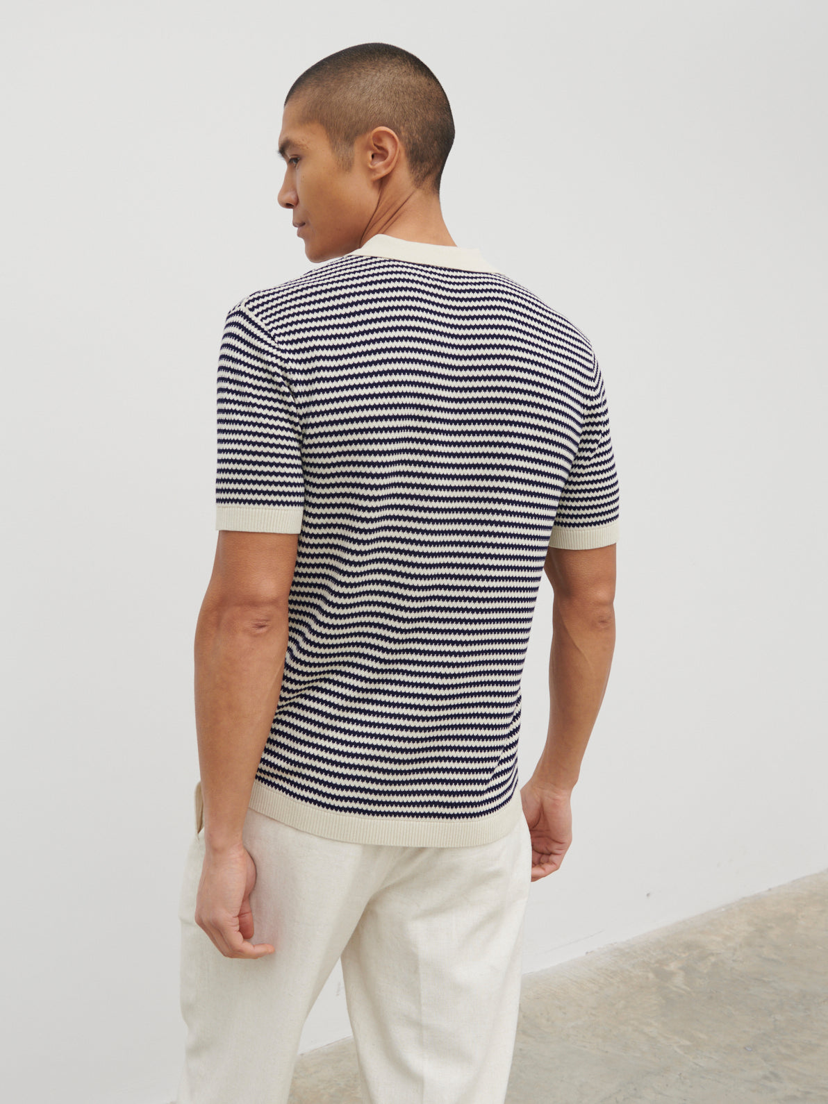 Jacob Stripe Knit Polo - Navy and Cream