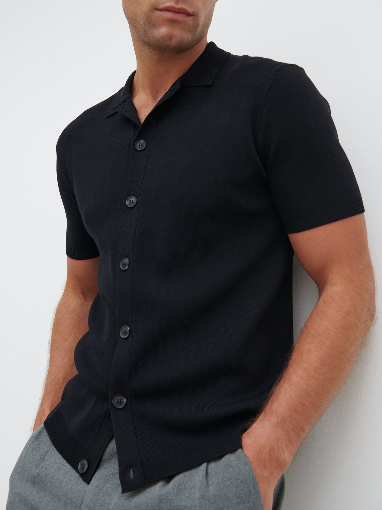 Jasper Button Down Knitted Shirt - Black