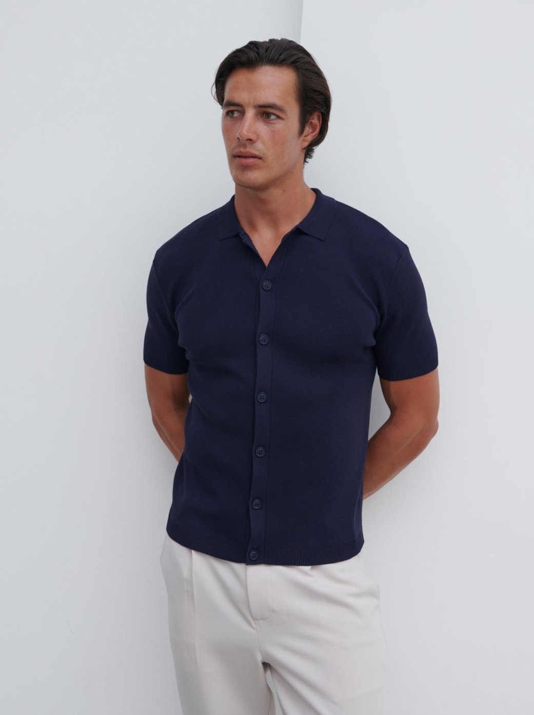 Jasper Button Down Knitted Shirt - Navy