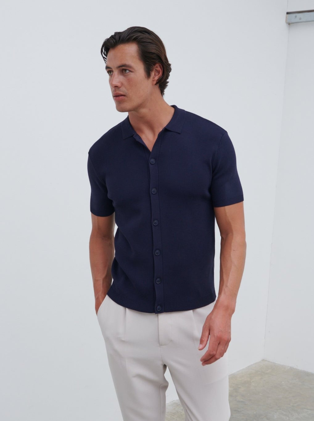 Jasper Button Down Knitted Shirt - Navy