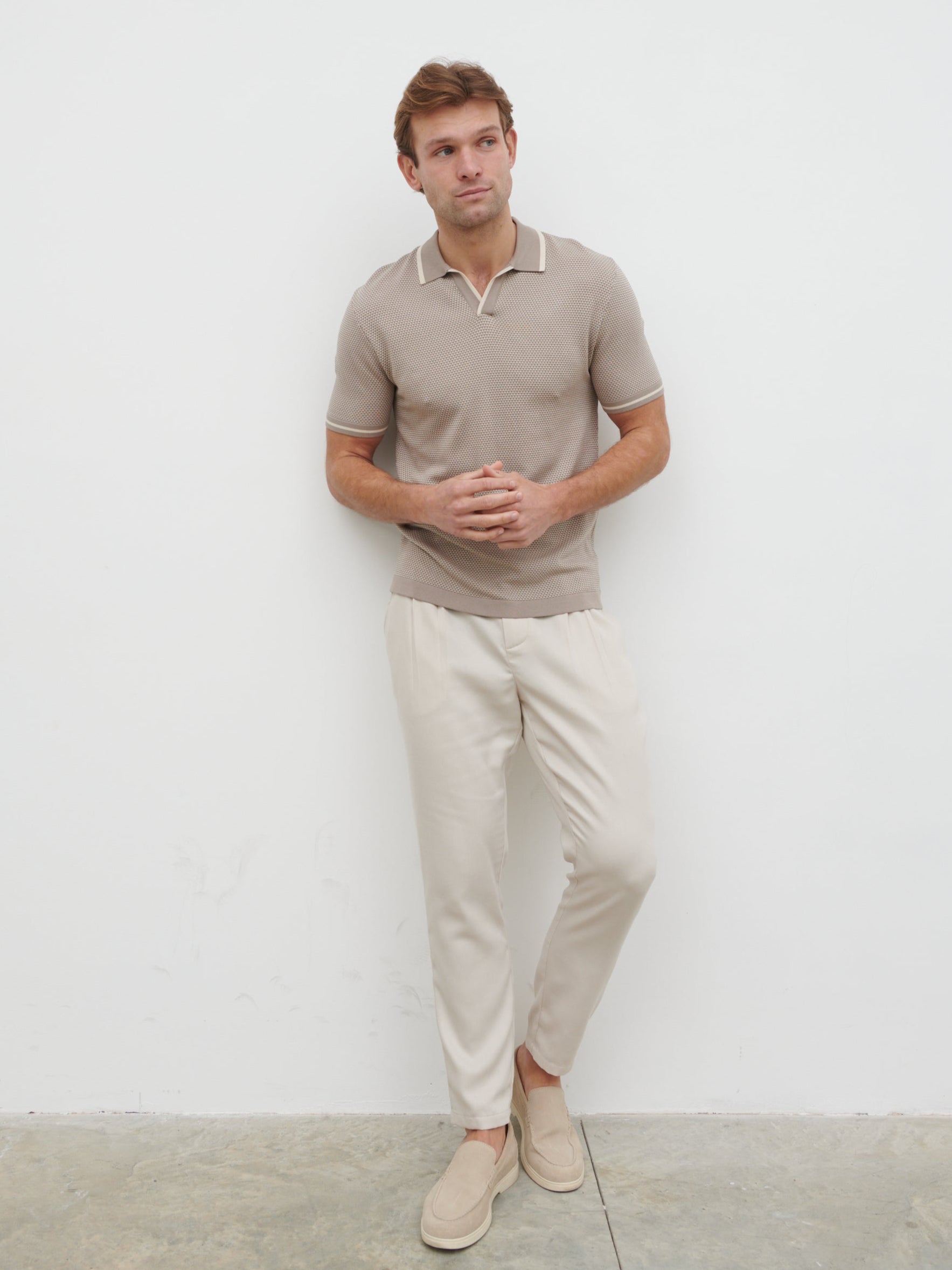 Jeremiah Knit Polo - Stone and Cream